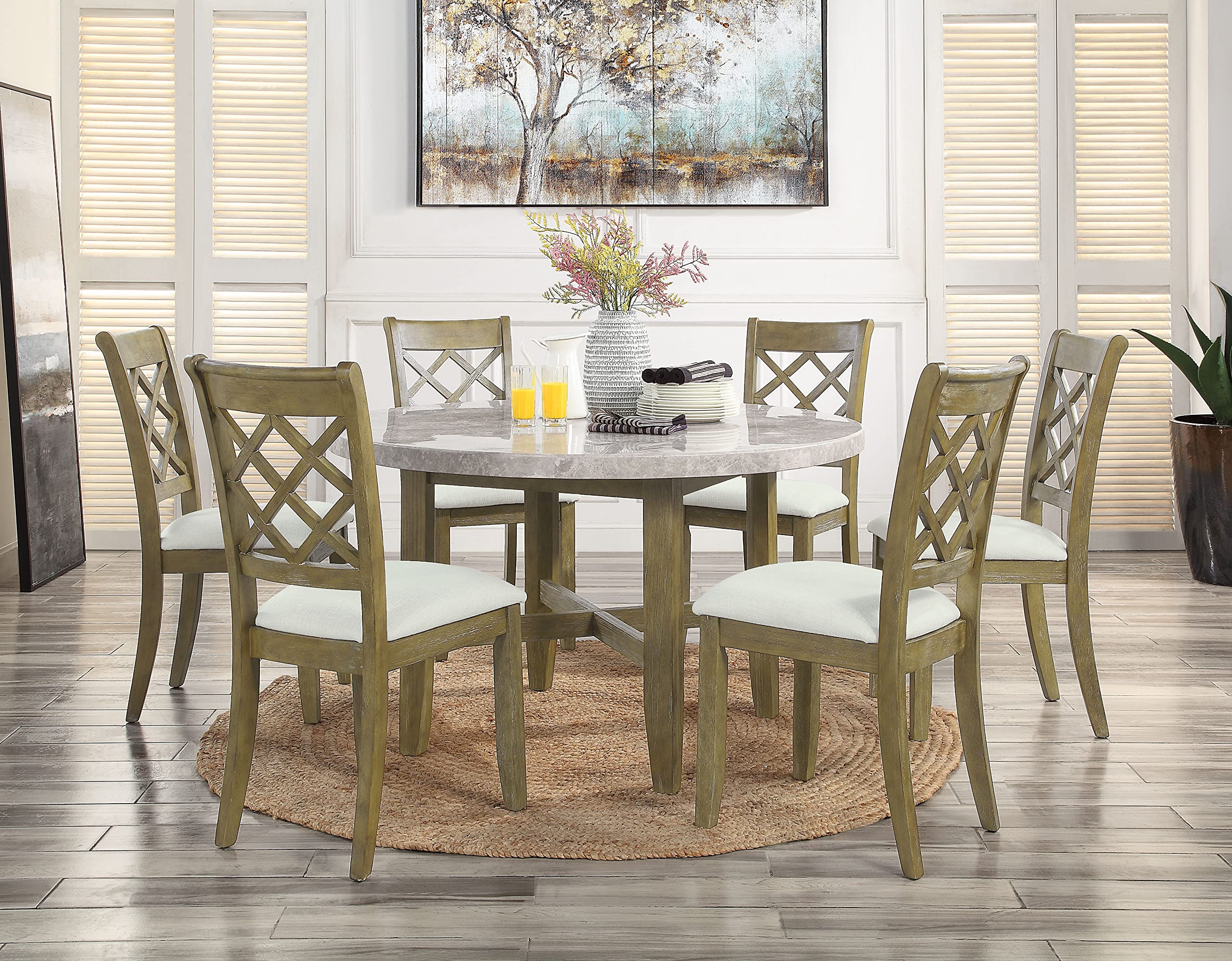 Acme Karsen Round Dining Table in Marble and Rustic Oak