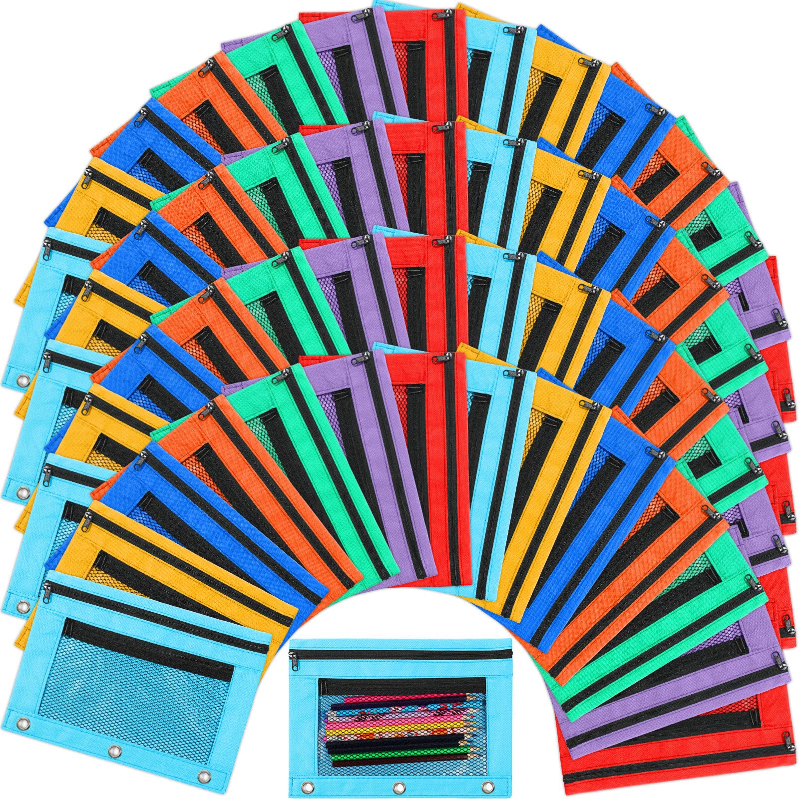 Zhehao 100 Pieces Zipper Binder Pencil Pouches Bulk 3 Ring Binder Pouches Zipper Pouches Case With Window Ring Binder Pencil Bag