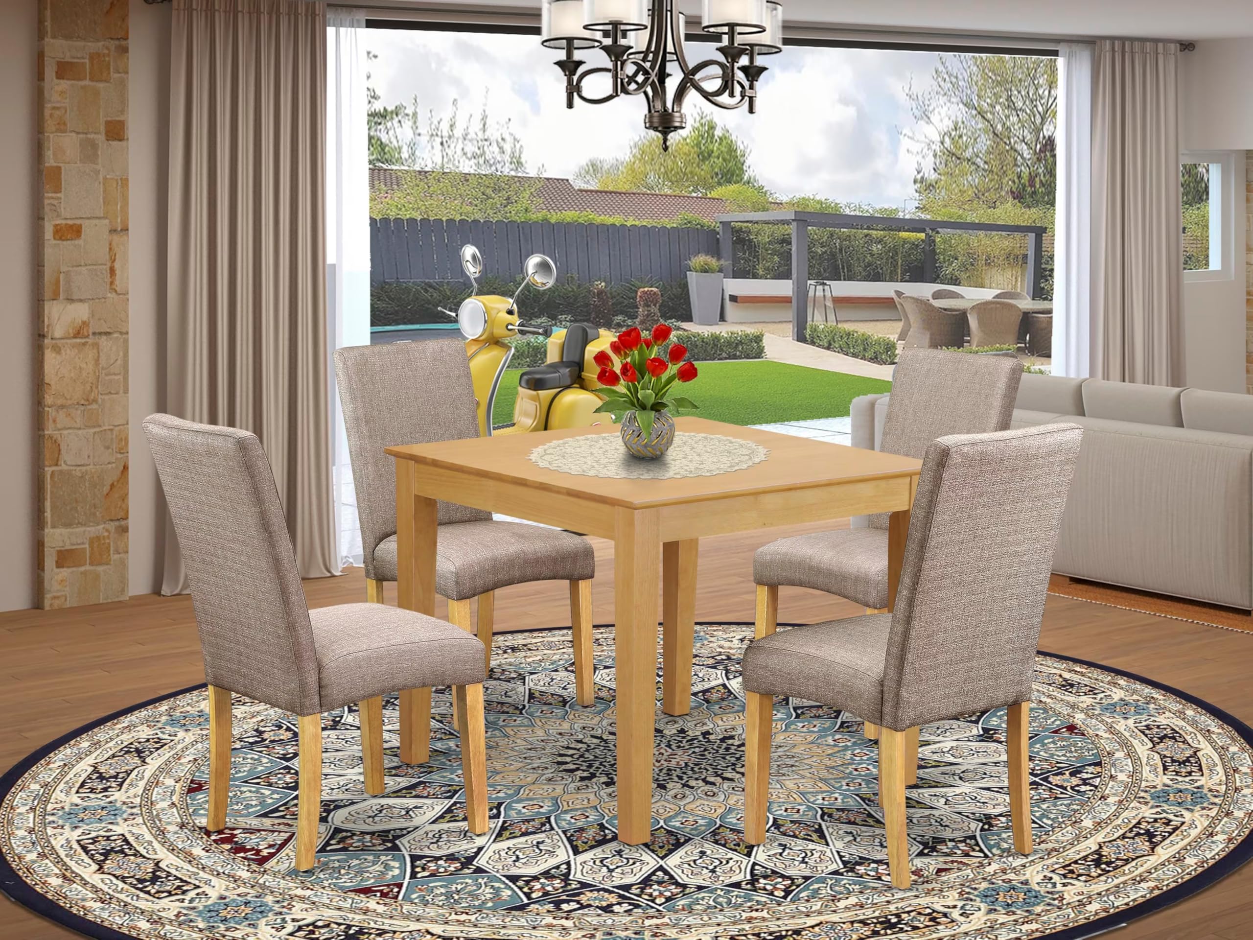 East West Furniture Oxdr5-Oak-16 5 Piece Kitchen Table Set For 4 Includes A Square Dining Room Table And 4 Dark Khaki Linen Fabric Parson Dining Chairs, 36X36 Inch, Oak