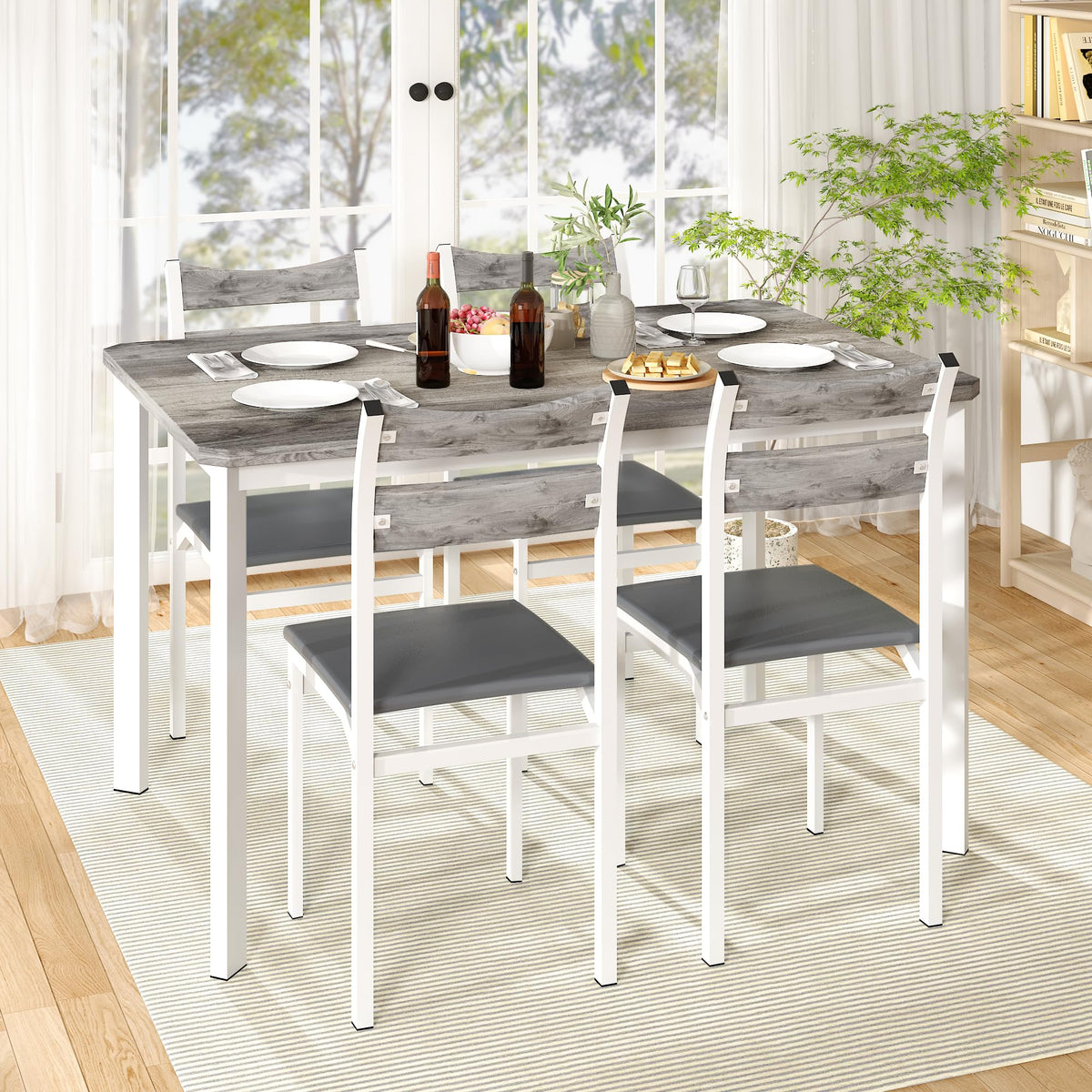 Recaceik Dining Table Set For 4, Kitchen Table Chairs Set Of 4,Dining Room Wood Table Set With 4 Upholstered Pu Leather Chairs,