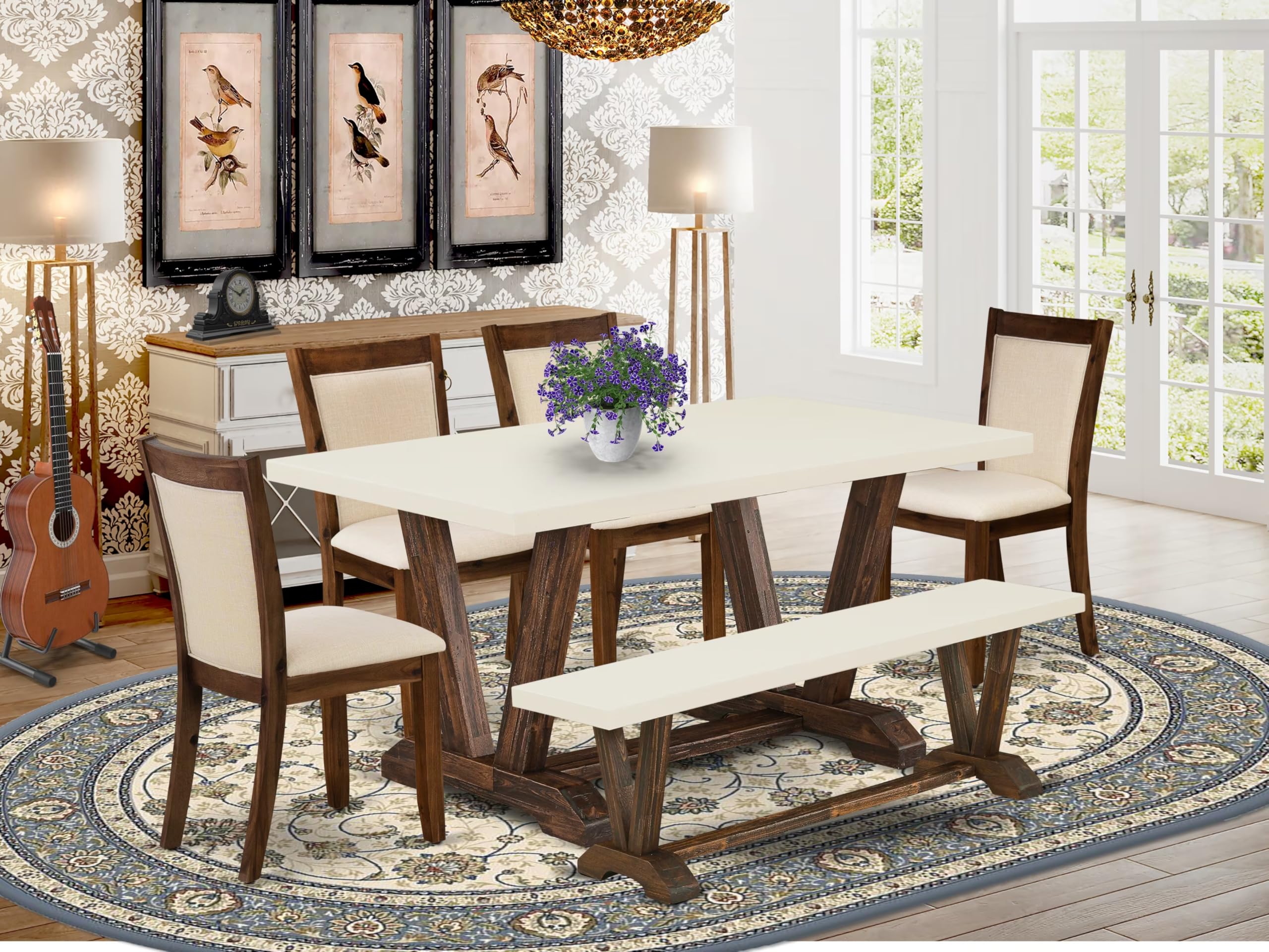 East West Furniture V726Mzn32-6 6 Piece Dining Table Set Contains A Rectangle Kitchen Table With V-Legs And 4 Light Beige Linen Fabric Parson Chairs With A Bench, 36X60 Inch, Multi-Color