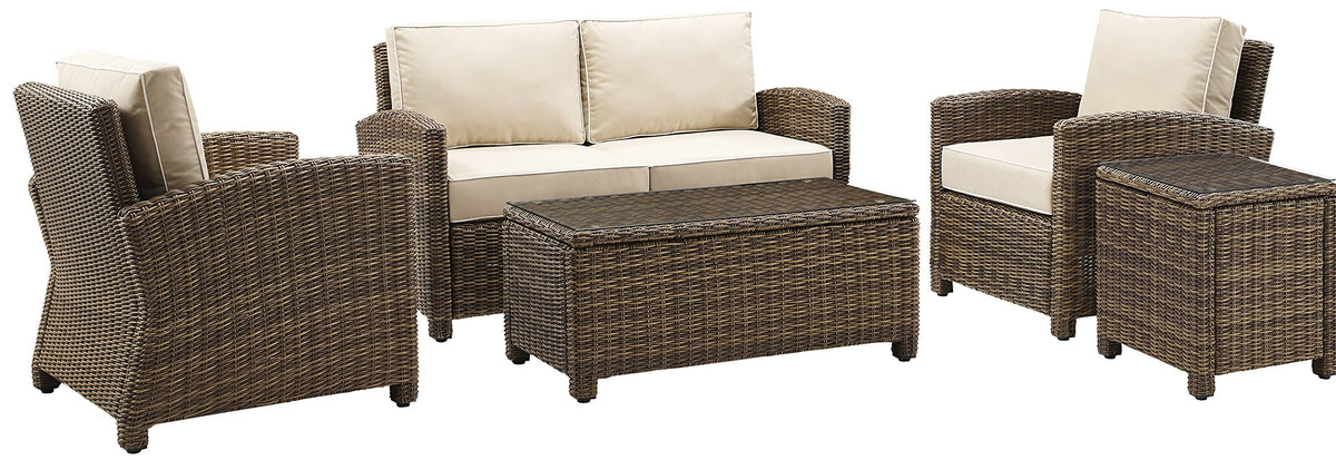 Crosley Furniture Bradenton 5-Piece Outdoor Loveseat Patio Furniture Set, Wicker Conversation Sets for Porch, Brown with Sand Cushions