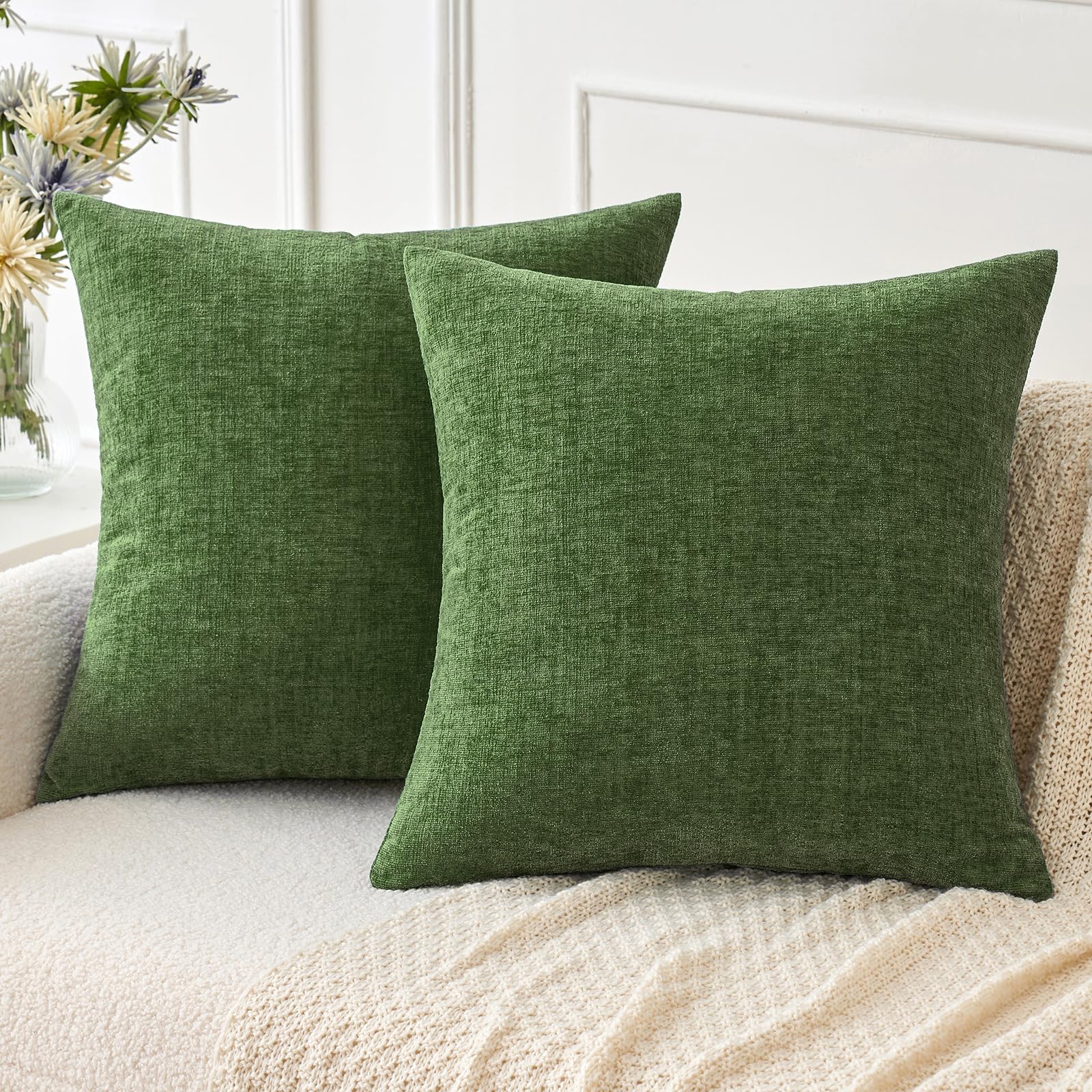 Miulee Christmas Pack Of 2 Couch Throw Pillow Covers 18X18Inch Soft Moss Green Spring Chenille Pillow Covers For Sofa Living Roo