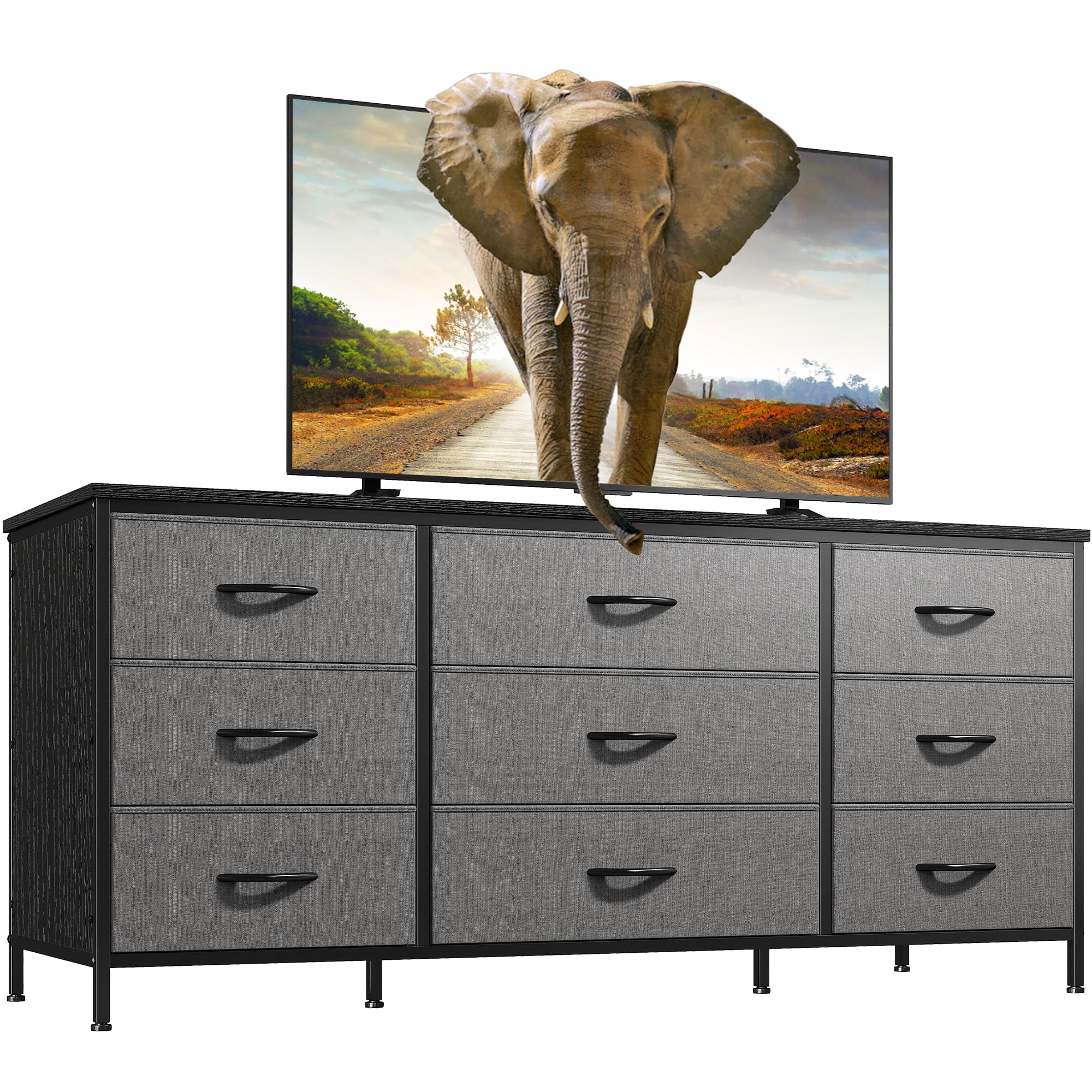Enhomee Dresser Tv Stand With Drawers, Media Console Table For 60 '', Tv Console With 9 Drawers For Bedroom, Entertainment Center With Sturdy Metal Frame & Wood Top, Living Room, Hallway, Grey