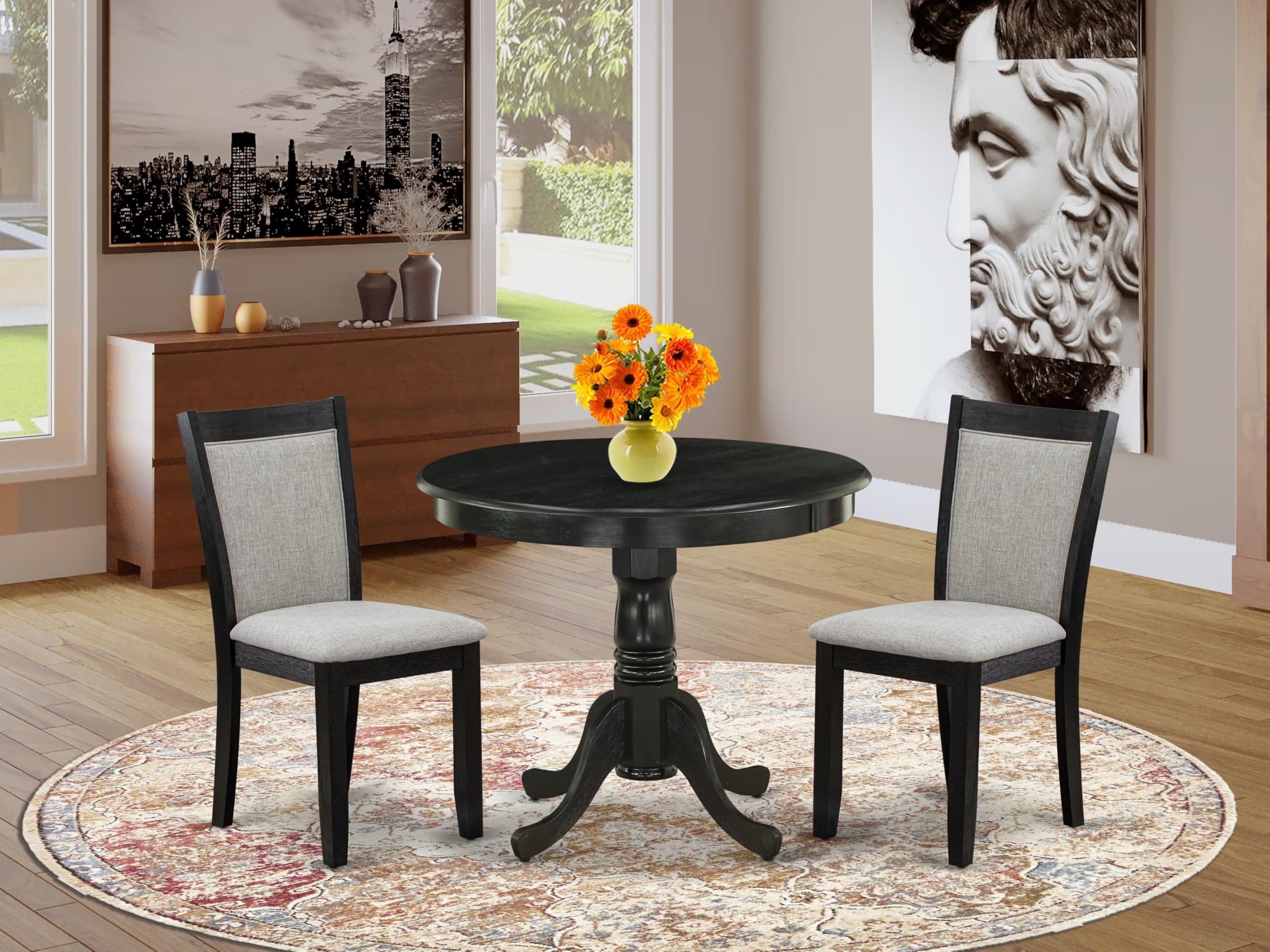 East West Furniture ANMZ3-AB6-06 3 Piece Kitchen Table & Chairs Set Contains a Round Dining Room Table with Pedestal and 2 Shitake Linen Fabric Upholstered Chairs, 36x36 Inch, Wirebrushed Black