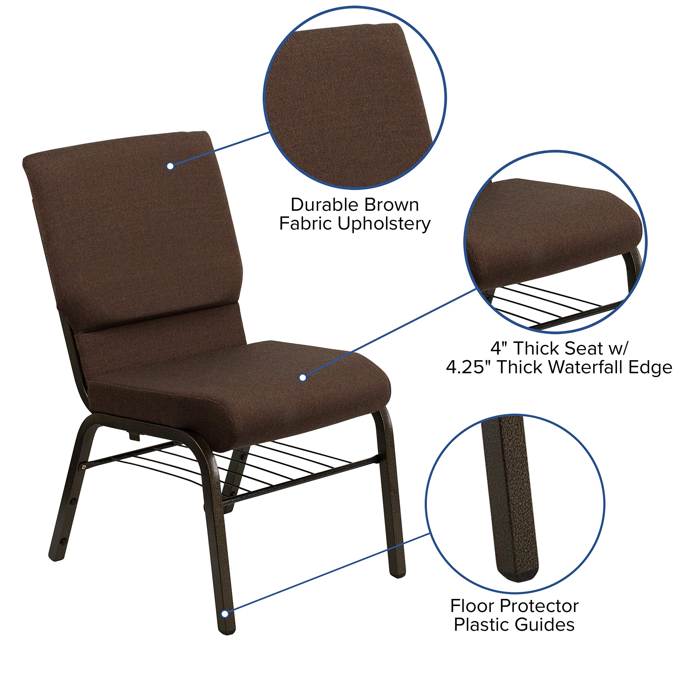 Flash Furniture HERCULES Series 18.5''W Church Chair in Brown Fabric with Book Rack - Gold Vein Frame