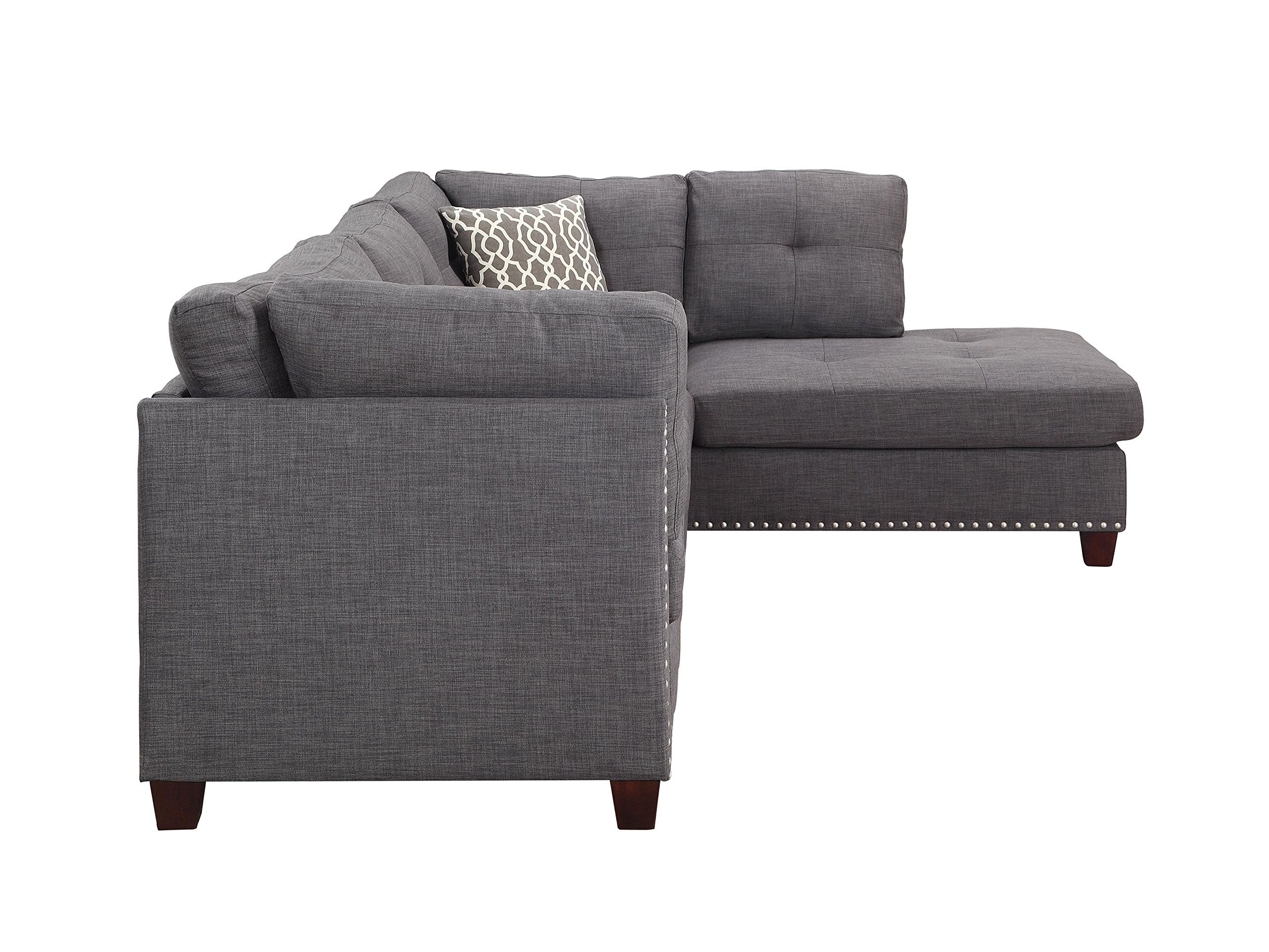 Acme Laurissa Sectional Sofa with 2 Pillows and Ottoman in Light Charcoal Linen