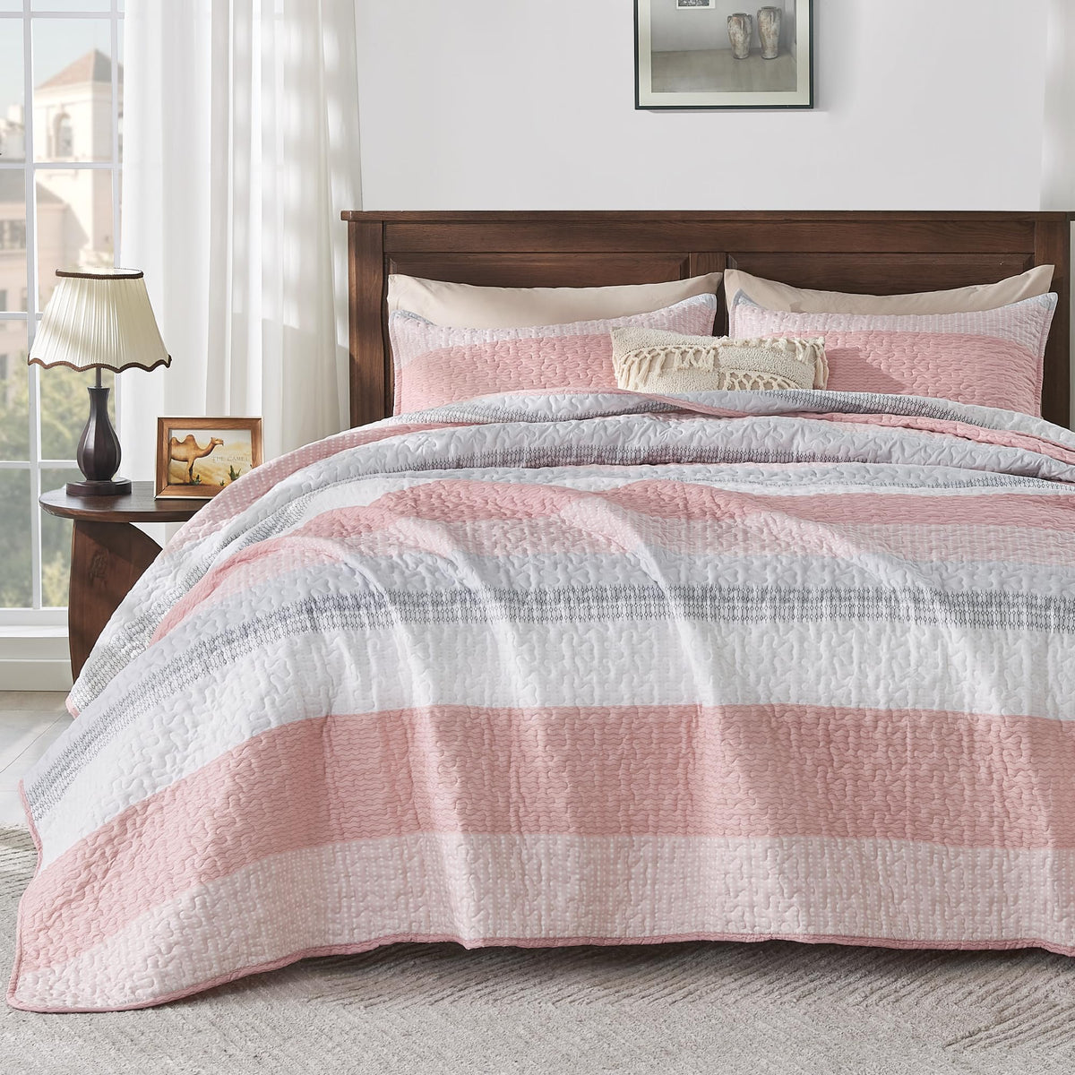 Andency Pink Quilt King(106X96Inch), 3 Pieces (1 Striped Quilt And 2 Pillowcases) Patchwork Striped Bedspread Coverlet Set, Soft Microfiber Lightweight All Season Quilted Bedding Set