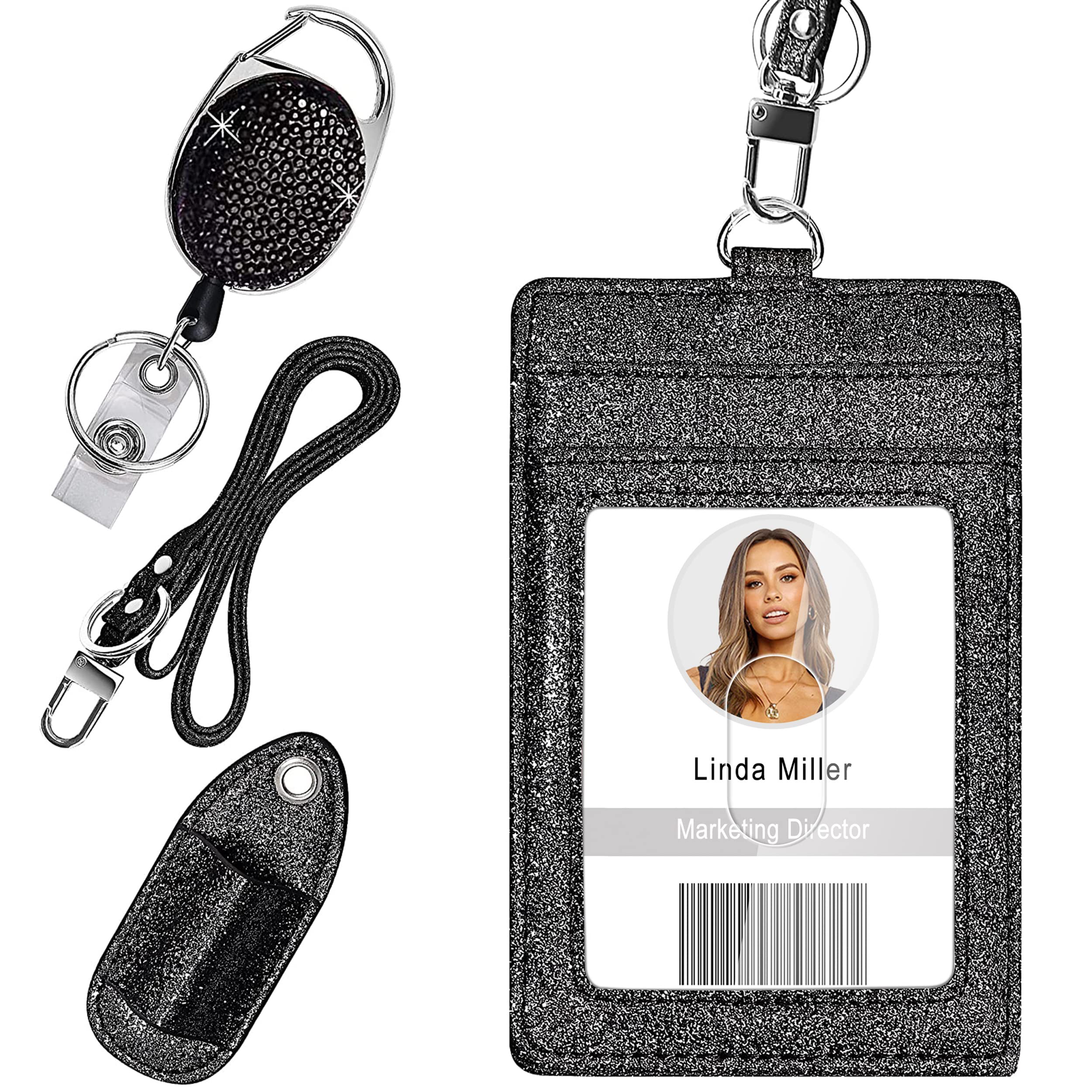 Retractable Id Badge Holder, Multipurpose Bling Rhinestone Badge Reel With Belt Clip Key Ring, Shiny Pu Leather Badge Holder Wit