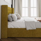 Sha Cerlin Full Size Lift Up Storage Bed/Button Tufted Wingback Headboard/Hydraulic Storage/Upholstered Platform Bed Frame/No Box Spring Needed/Wood Slats Support/Olive Yellow