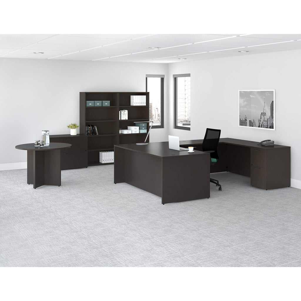 Lorell Prominence 2.0 Espresso Laminate Left-Pedestal Bowfront Desk
