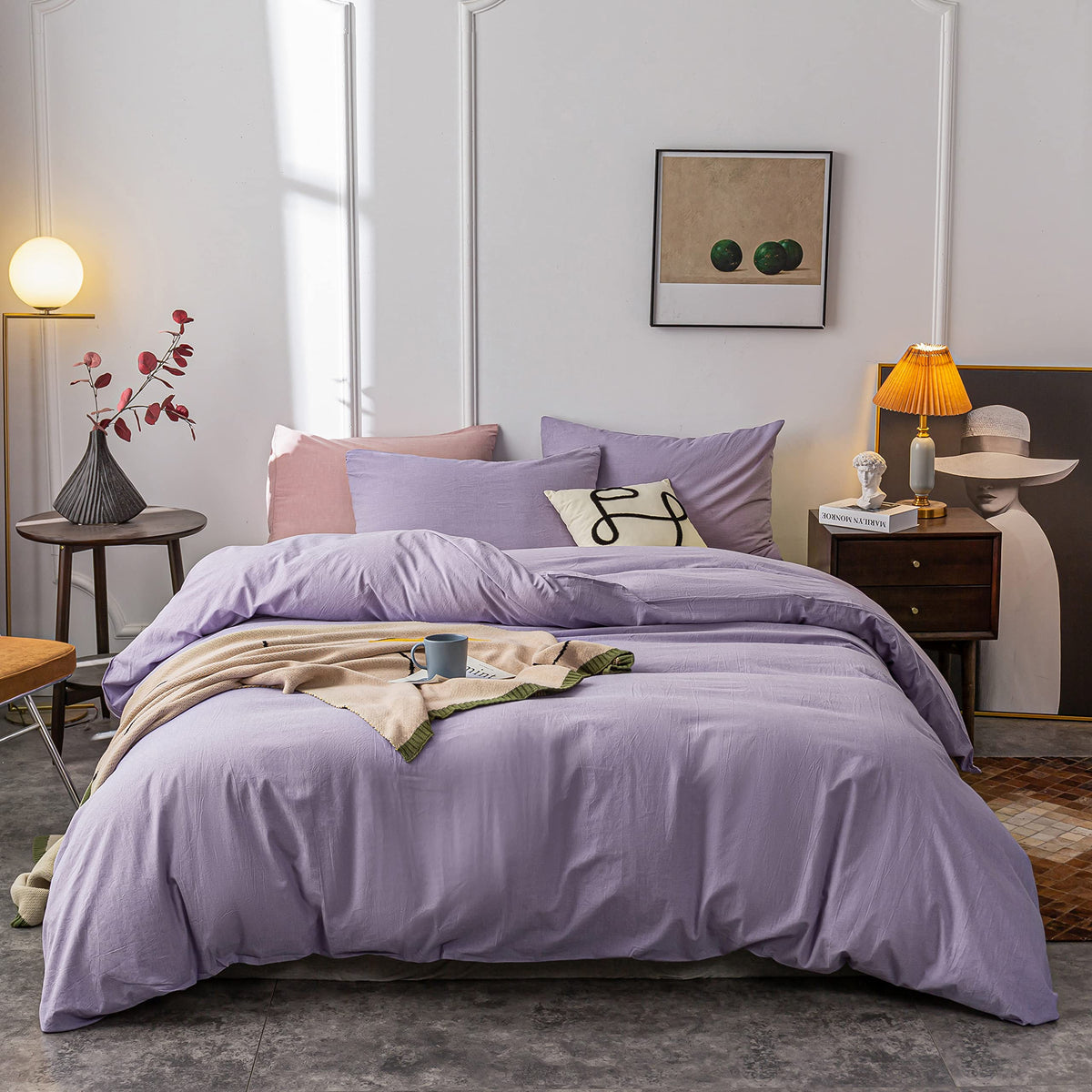 Janlive Washed Cotton Duvet Cover King Ultra Soft 100% Cotton Solid Color Lavender Purple Duvet Cover Set With Zipper Closure -3