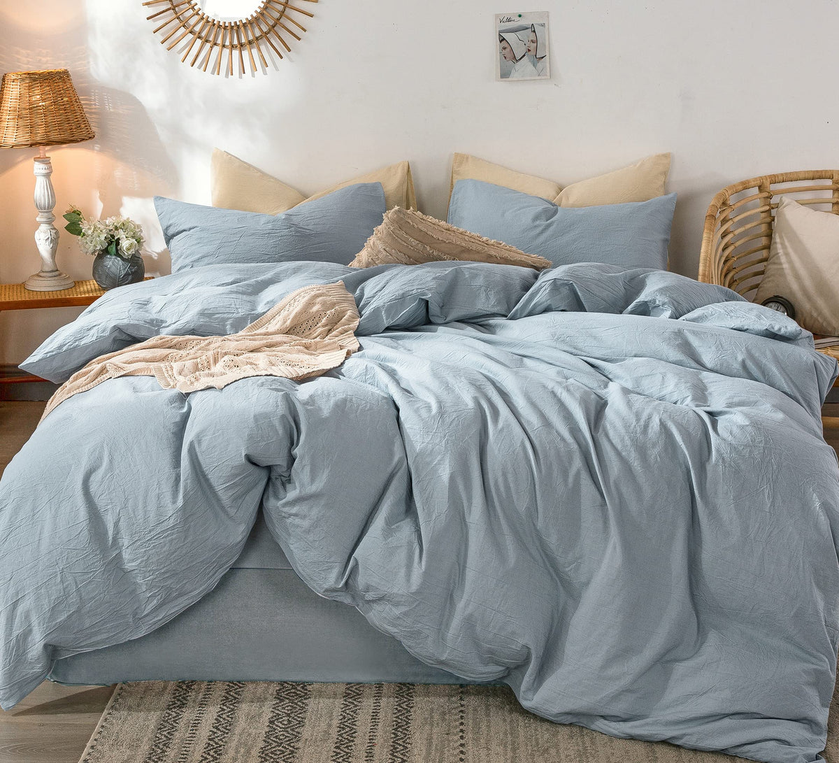 Moomee Bedding Duvet Cover Set 100% Washed Cotton Linen Like Textured Breathable Durable Soft Comfy (Cornflower Blue, Cal King)