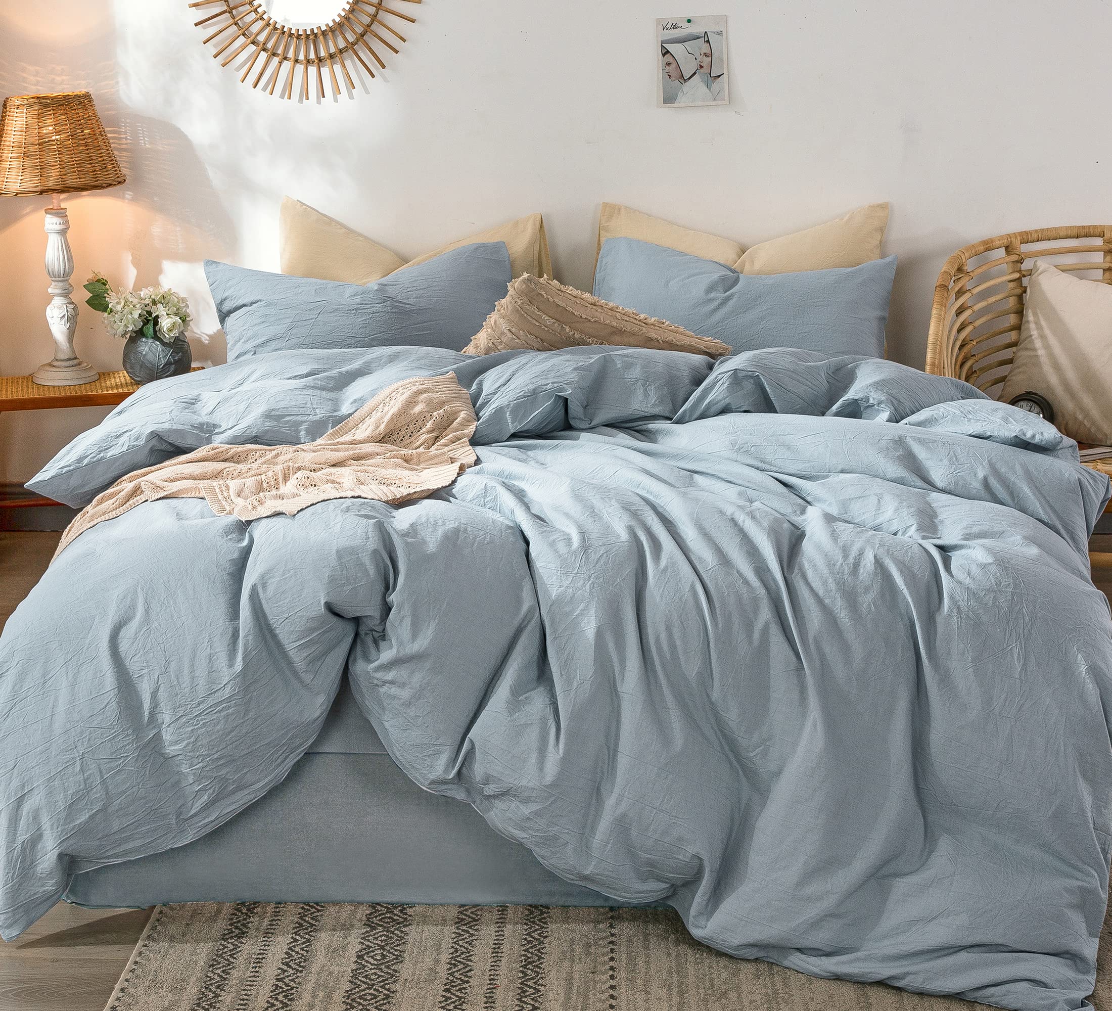 Moomee Bedding Duvet Cover Set 100% Washed Cotton Linen Like Textured Breathable Durable Soft Comfy (Cornflower Blue, Twin)