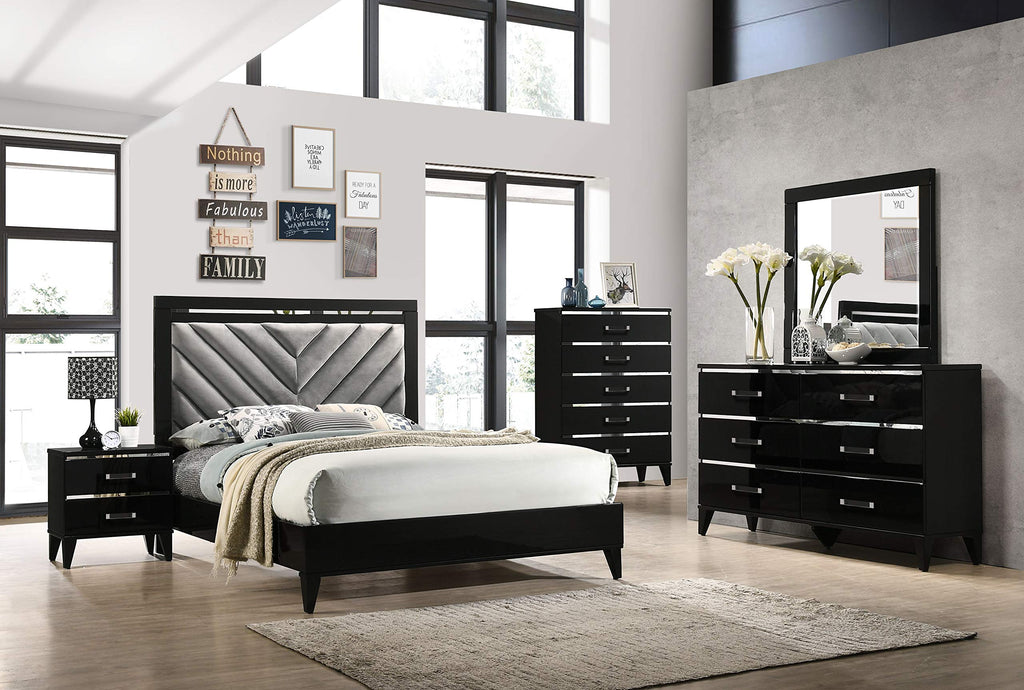 Acme Chelsie Wooden Queen Bed with Velvet Headboard in Gray and Black