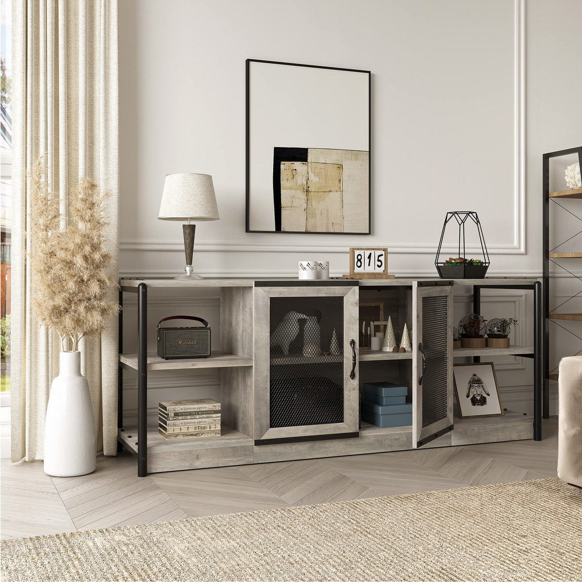 Idealhouse Tv Stand For 65 Inches Tvs, Farmhouse Entertainment Center With Storage Cabinet And Mesh Doors, Industrial Tv Media Console Cabinet Table, Media Furniture For Living Room, Rustic Grey