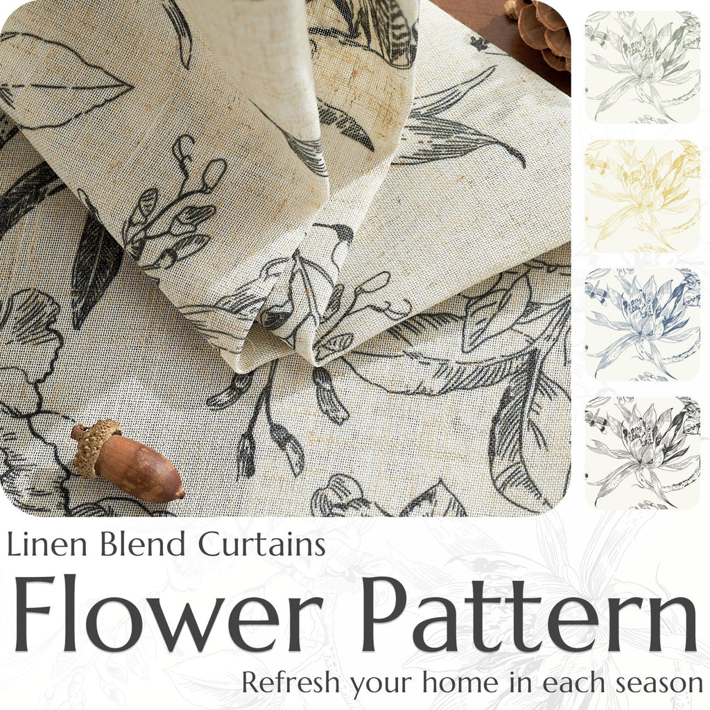 Jinchan Floral Curtains 96 Inches Long Black Flower Linen Farmhouse Curtains For Living Room French Country Vintage Curtains Rod Pocket Curtains Set 2 Panels Balck Flower Printed Curtains