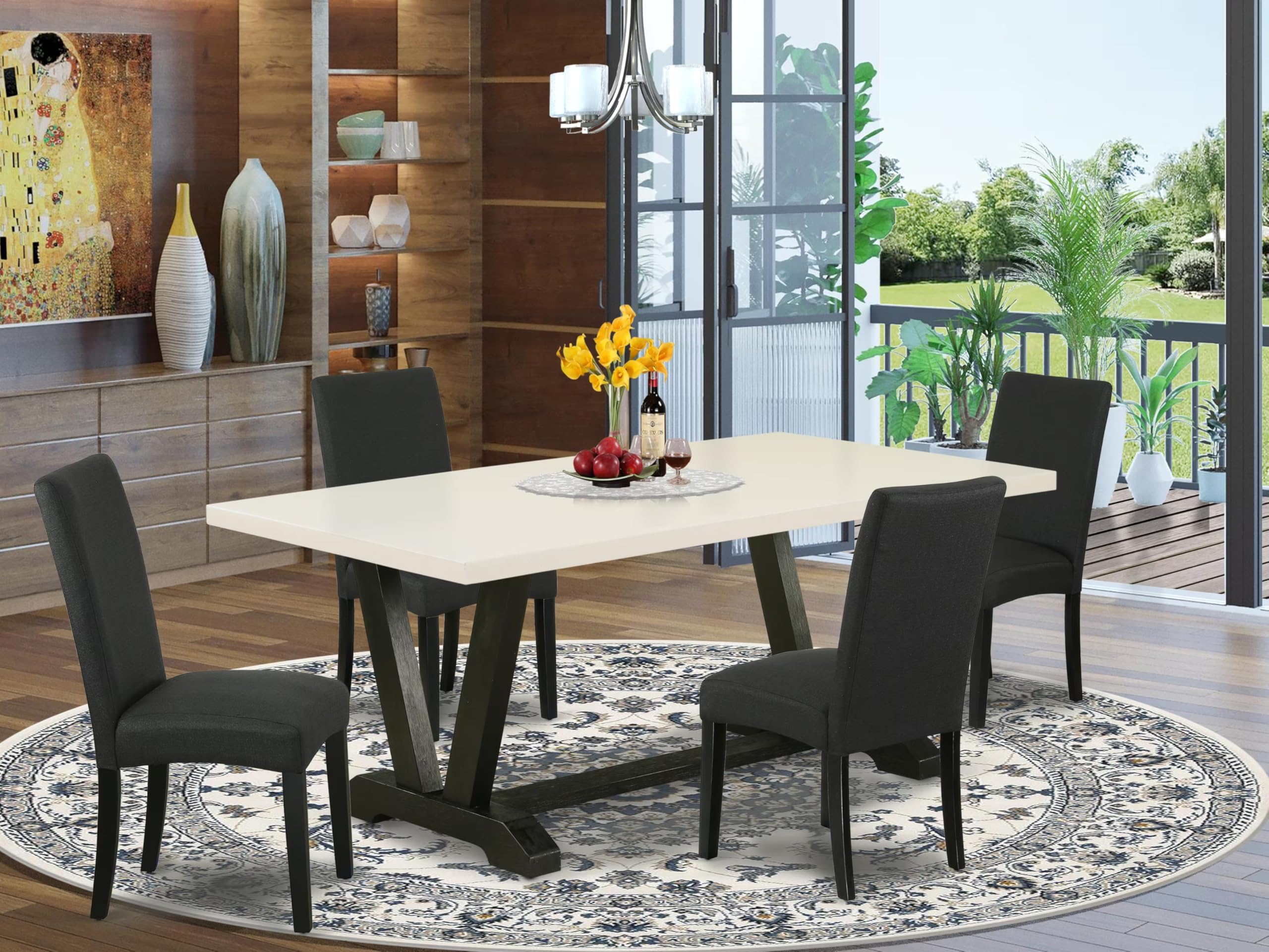 East West Furniture V627Dr124-5 5 Piece Dining Room Table Set Includes A Rectangle Kitchen Table With V-Legs And 4 Black Color Linen Fabric Parson Dining Chairs, 40X72 Inch, Multi-Color