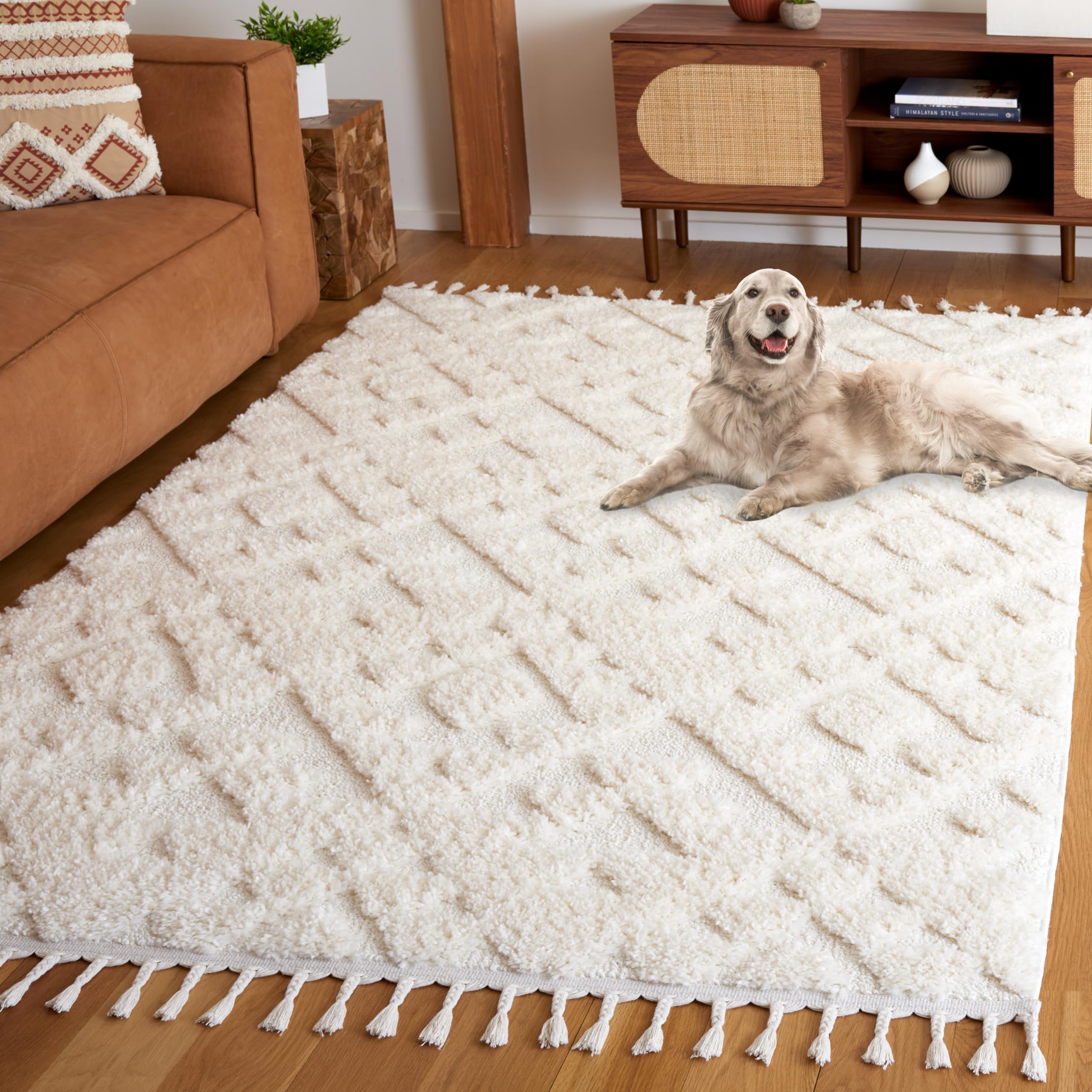 SAFAVIEH Moroccan Tassel Shag Collection Area Rug - 8 x 10, Ivory, Contemporary Design, Ideal for High Traffic Areas in Living