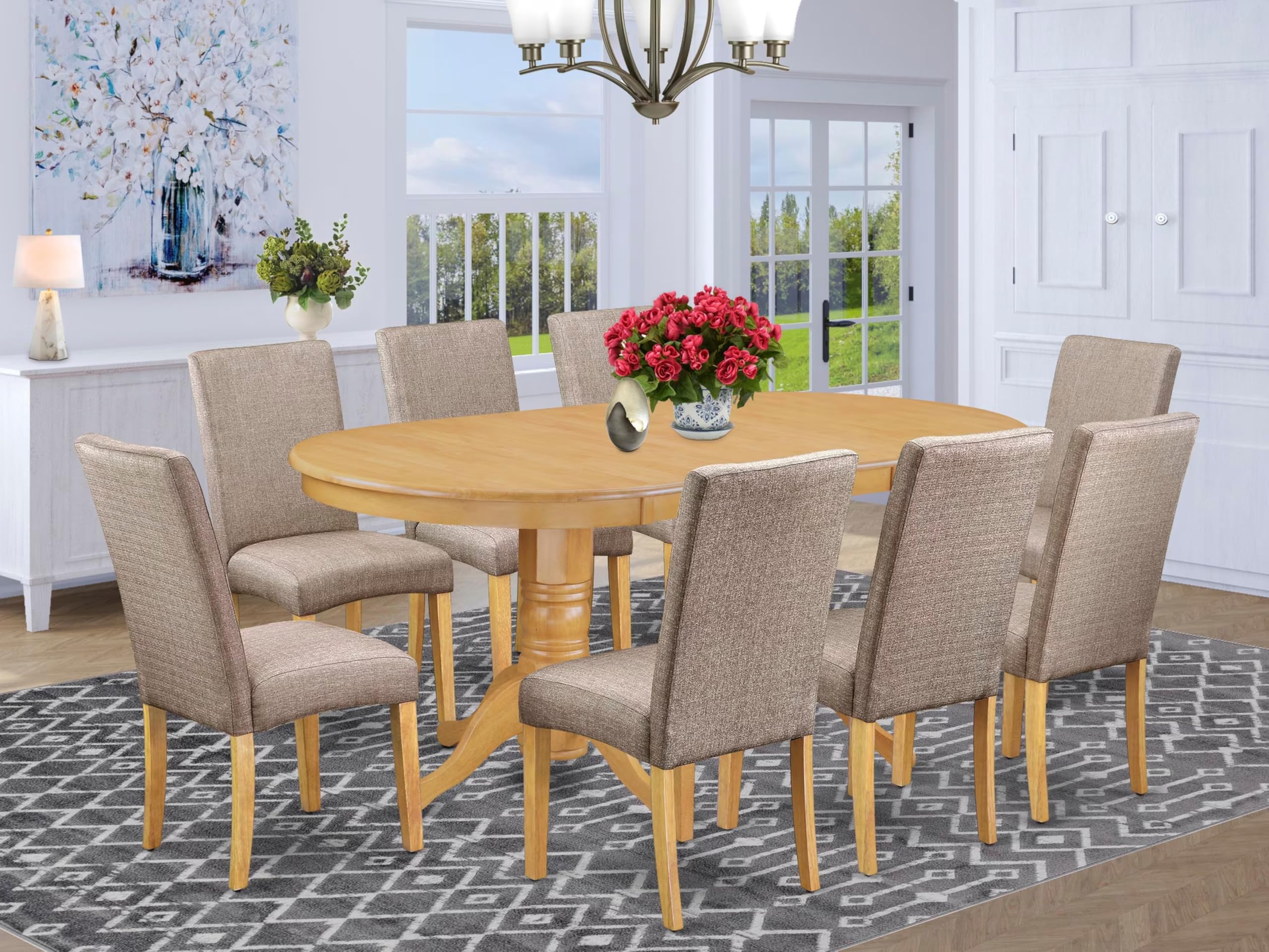 East West Furniture Vadr9-Oak-16 9 Piece Kitchen Table Set Includes An Oval Dining Table With Butterfly Leaf And 8 Dark Khaki Linen Fabric Parson Dining Chairs, 40X76 Inch, Oak
