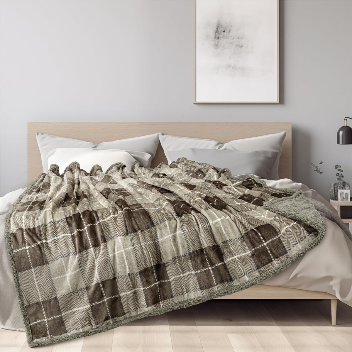 Pavilia Taupe Plaid Sherpa Throw Blanket For Couch Twin, Soft Plush Flannel Blanket & Throws For Bed Sofa, Warm Cozy Winter Chri
