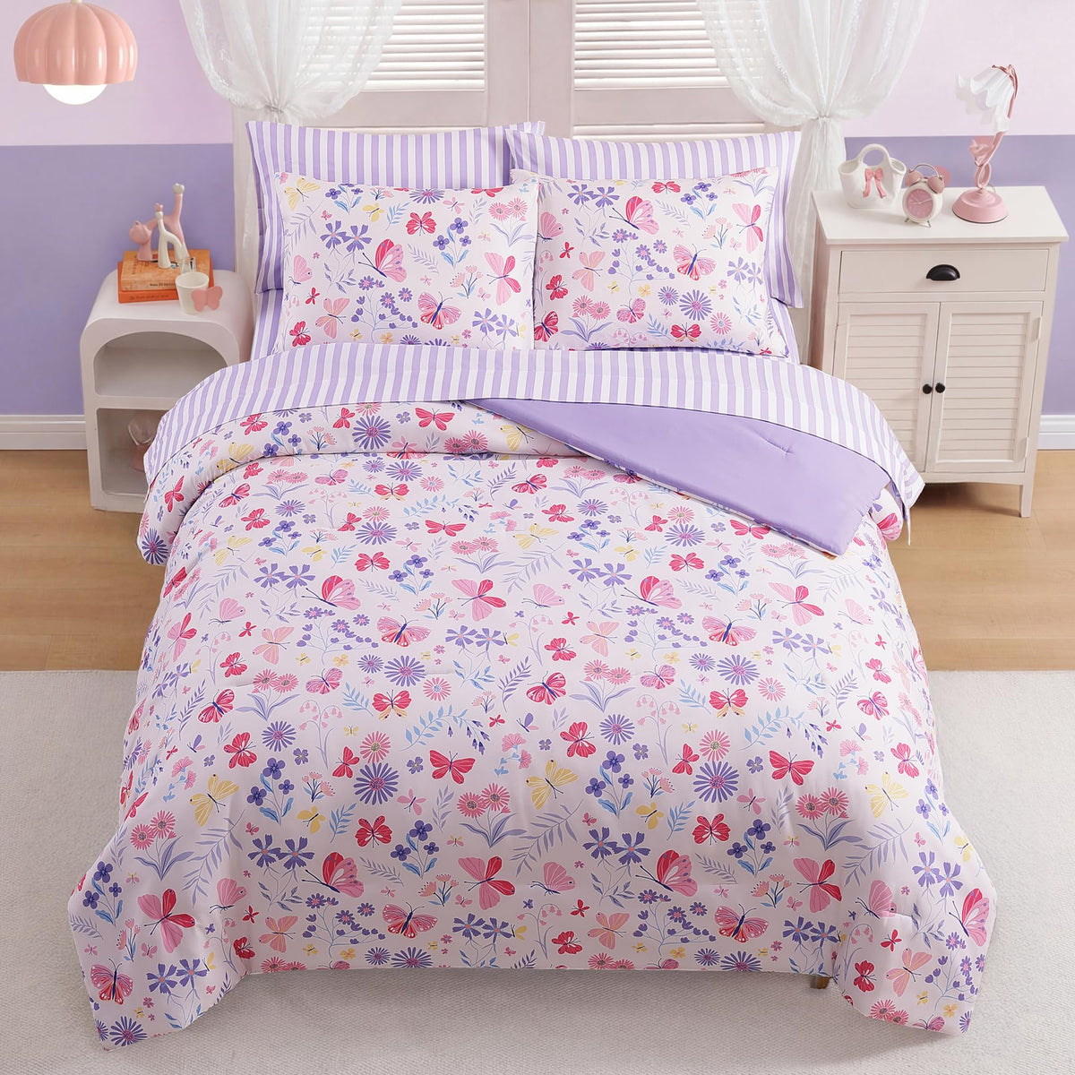 Queen Comforter Set for Girls Butterfly Botanical 7 Pieces Bed in a Bag