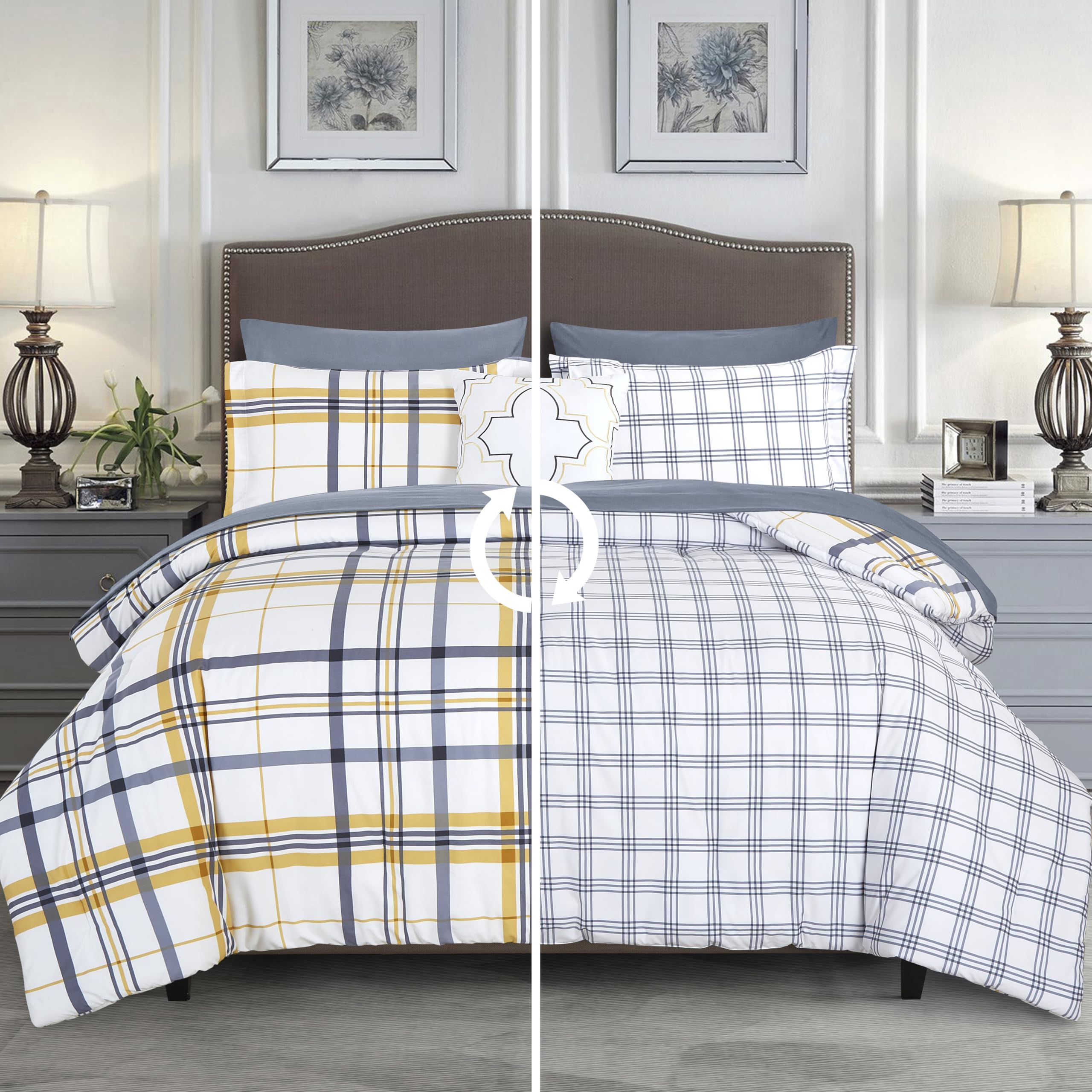Elegant Comfort 8- Piece Lodge Plaid Reversible Comforter Set Bed-In-A-Bag Set - Silky Soft Complete Set Includes Bed Sheet Set With Double Sided Storage Pockets, Twin/Twin Xl, Gold