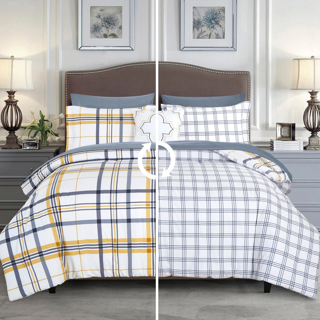 Elegant Comfort 8- Piece Lodge Plaid Reversible Comforter Set Bed-In-A-Bag Set - Silky Soft Complete Set Includes Bed Sheet Set With Double Sided Storage Pockets, Twin/Twin Xl, Gold
