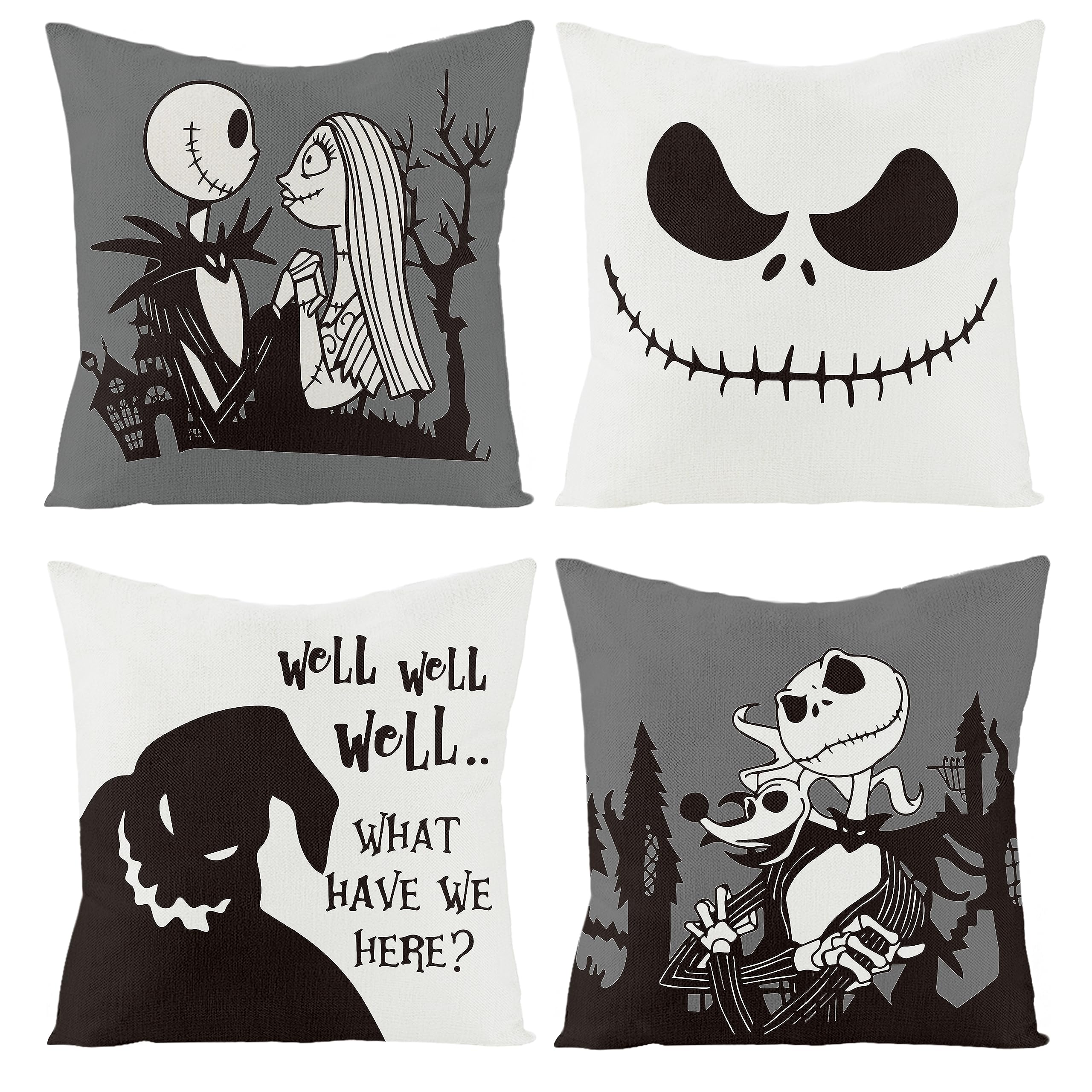 4Pcs Halloween Jack And Sally Christmas Pillow Covers 18X18 Inch Halloween Horror Cartoon Skull Throw Pillow Case Halloween Deco