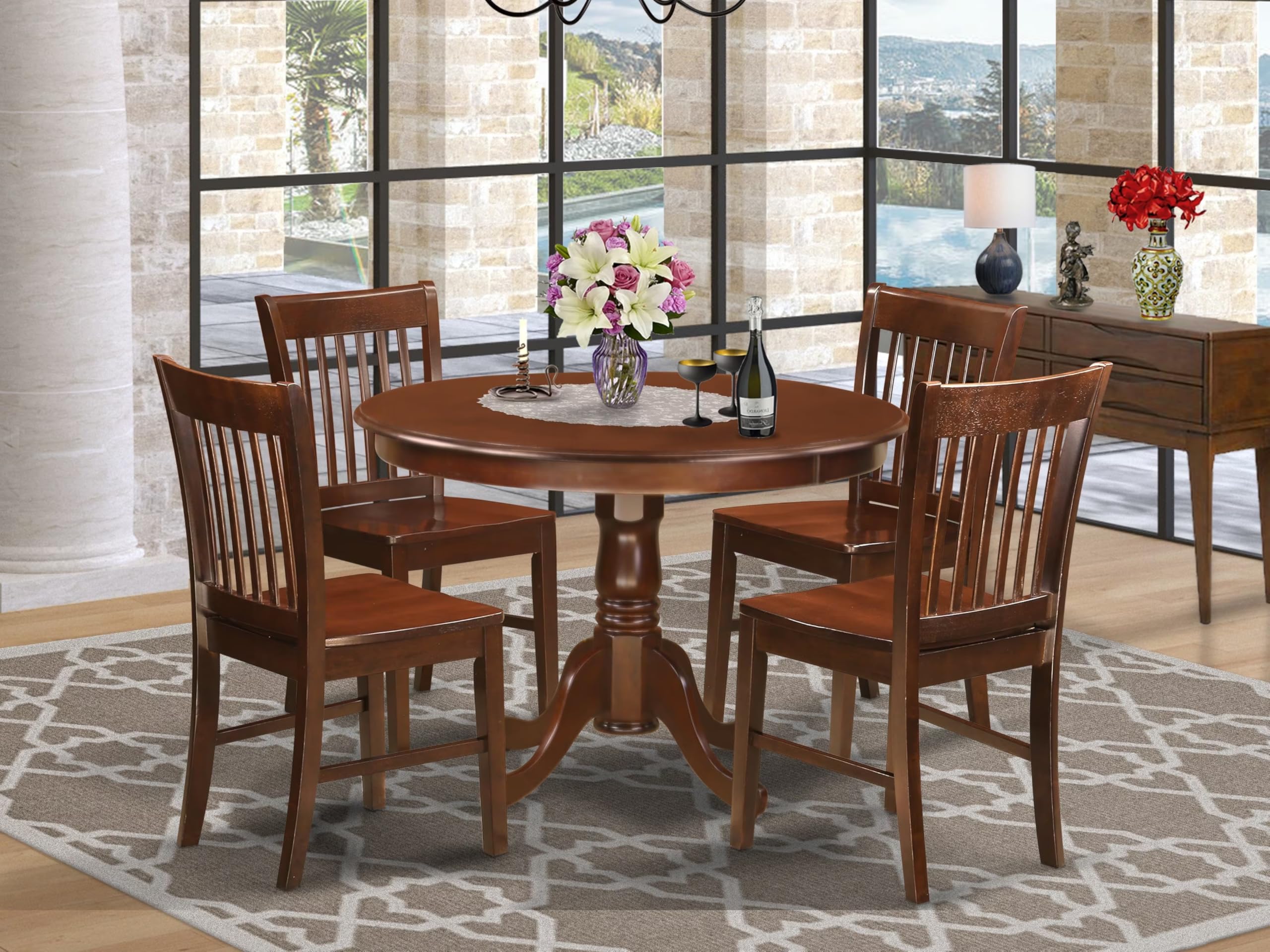 East West Furniture HLNO5-MAH-W 5 Piece Dinette Set for 4 Includes a Round Dining Table with Pedestal and 4 Dining Room Chairs, 42x42 Inch, Mahogany