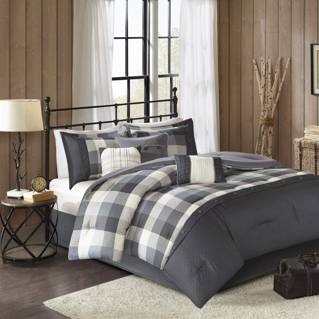 Madison Park Ridge Comforter Set - Cabin Lodge Plaid Herringbone Design, All Season Down Alternative Cozy Bedding With Matching Bedskirt, Shams, Decorative Pillow, Grey King(104'X92') 7 Piece