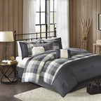 Madison Park Ridge Comforter Set - Cabin Lodge Plaid Herringbone Design, All Season Down Alternative Cozy Bedding With Matching Bedskirt, Shams, Decorative Pillow, Grey King(104'X92') 7 Piece