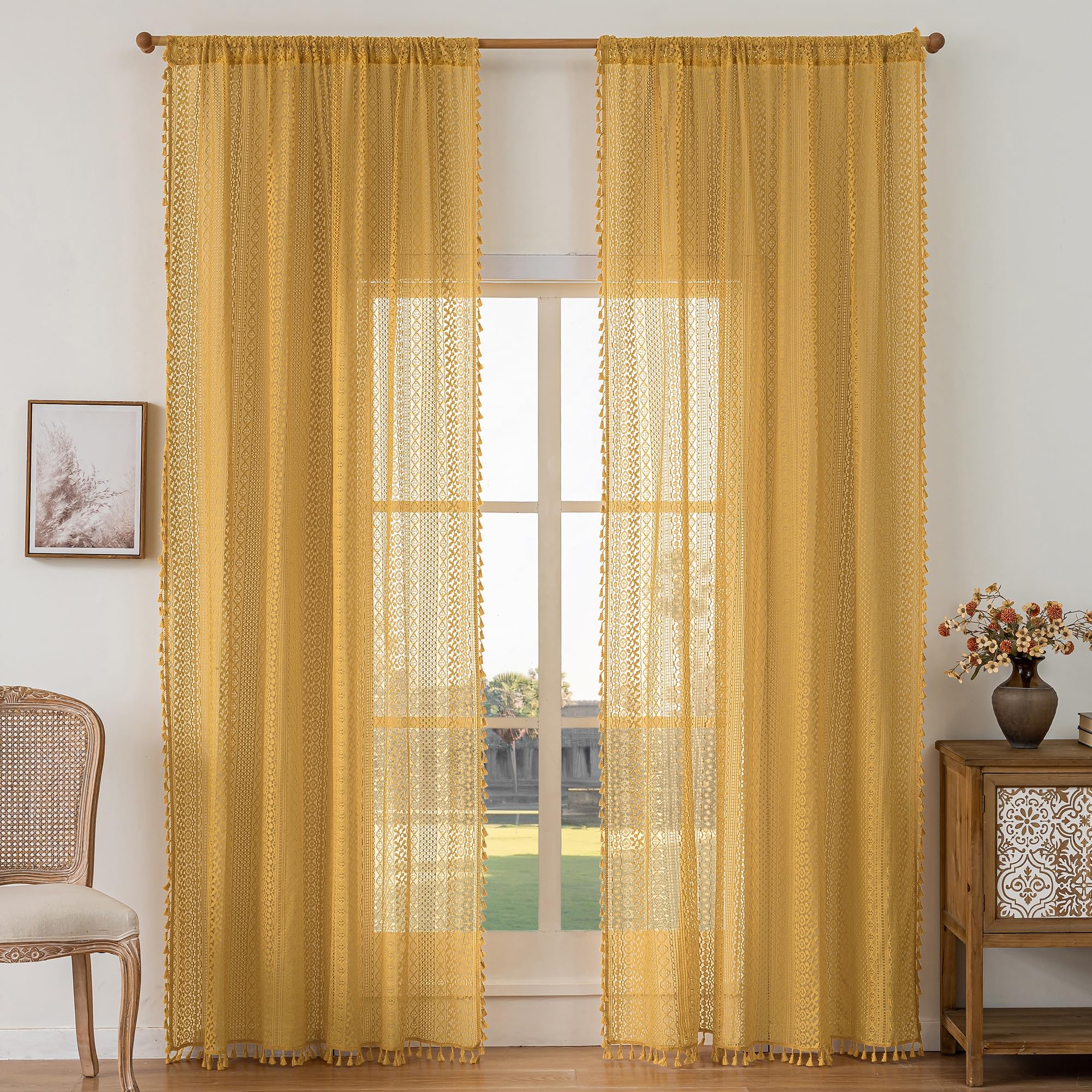 WAZZIO Pale Yellow Sheer Curtains 72 Inch Length,Rod Pocket Semi Sheer Privacy Cotton Blend Crochet Lace Curtain Vintage Bright 