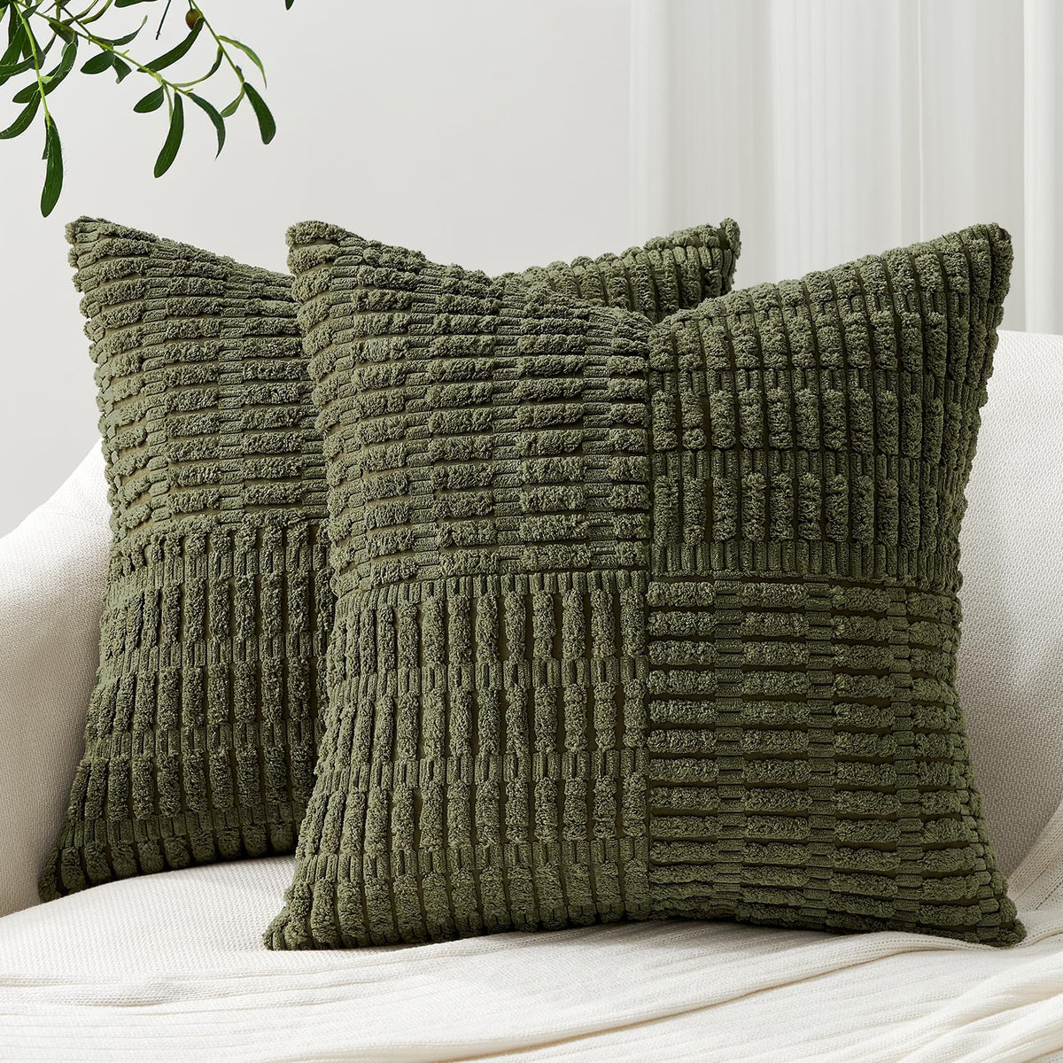 Topfinel Olive Green Decorative Throw Pillow Covers 18X18 Inch Set Of 2 Soft Corduroy Texured Boho Strip Modern Farmhouse Rustic