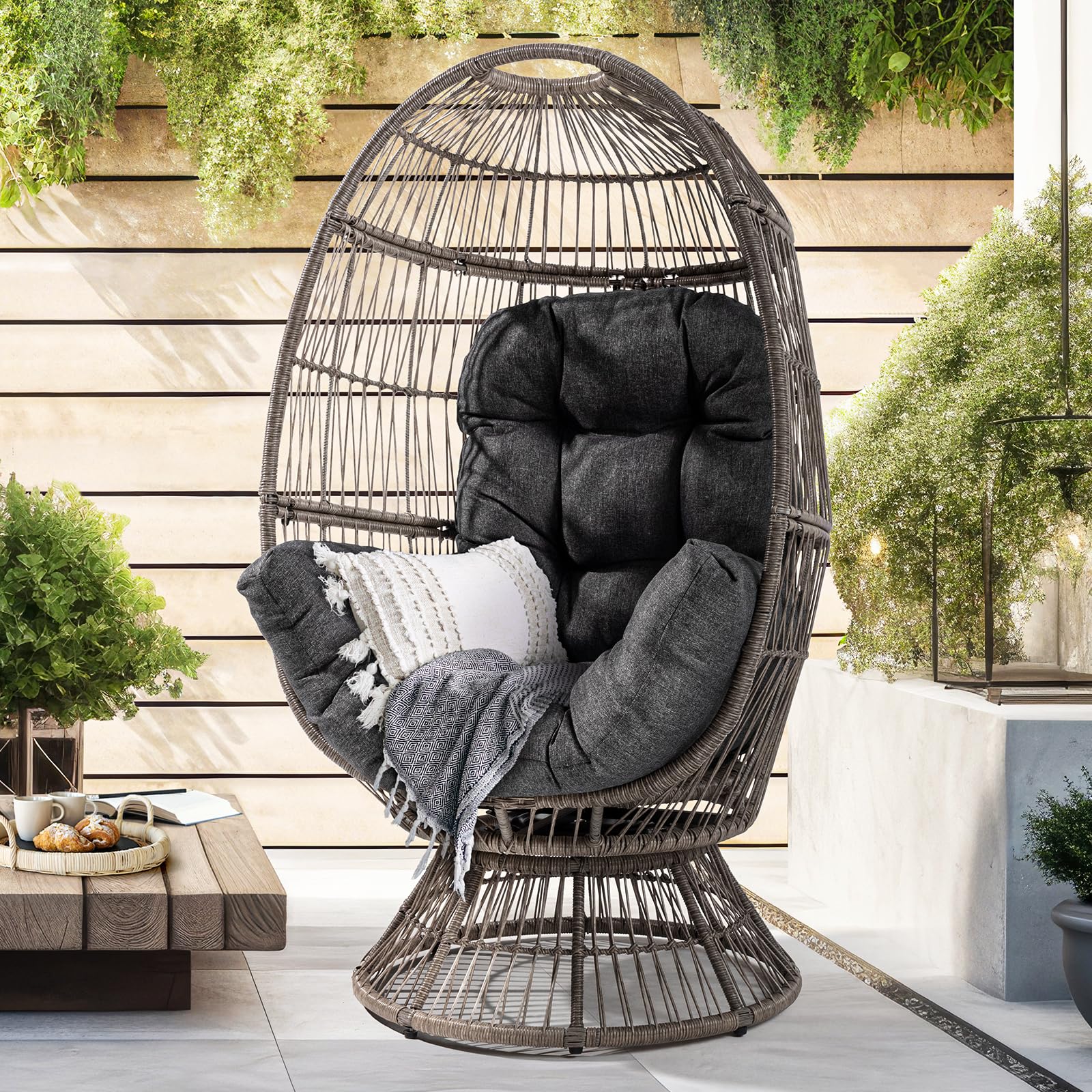 Bme Heavy Duty 400 Lbs Capacity Wicker Egg Chair For Outside & Indoor, 360 Degree Smooth Swivel Mechanism, Uv 2000 Hours Materia