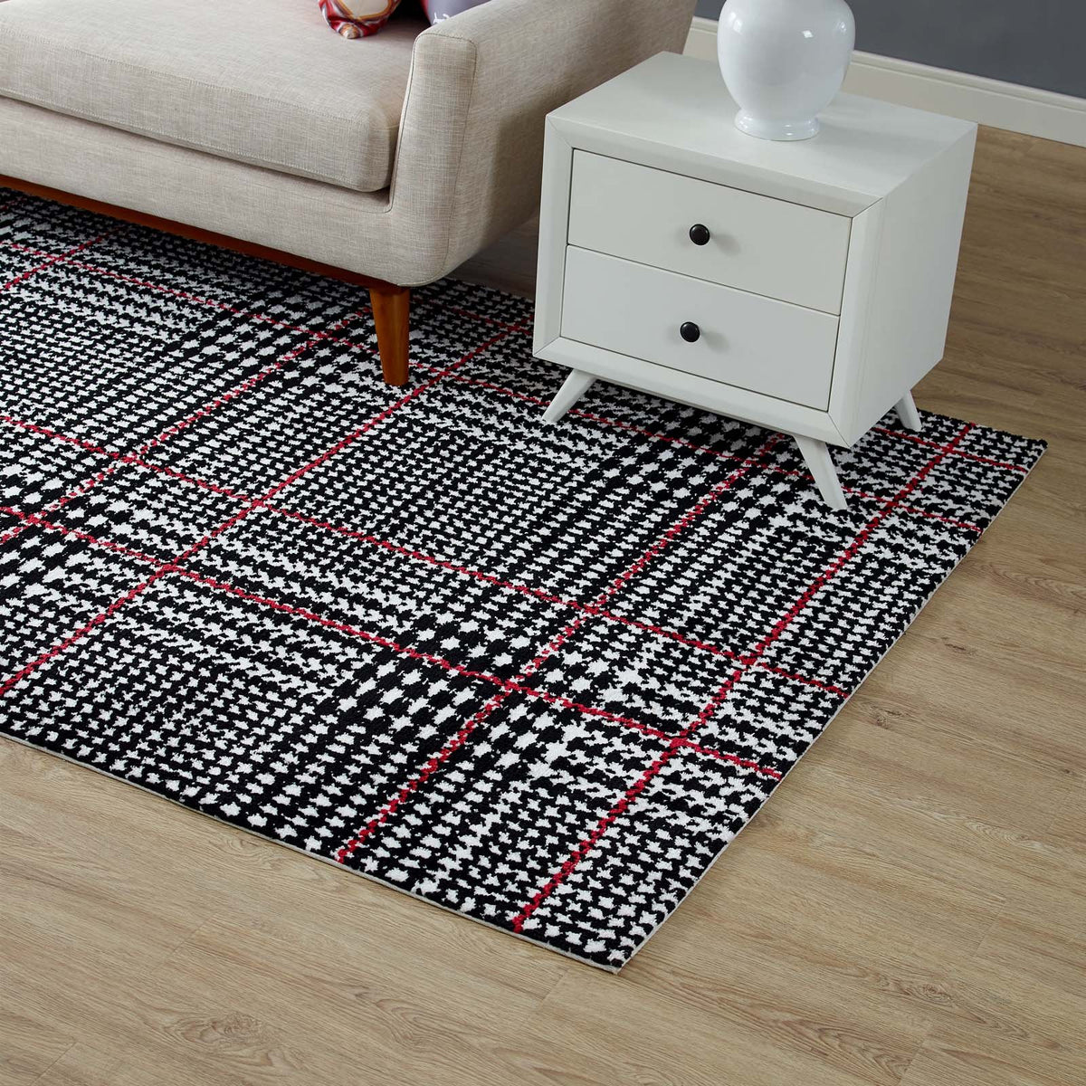 Modway Kaja Abstract Plaid 5X8 Area Rug In Ivory, Black And Red