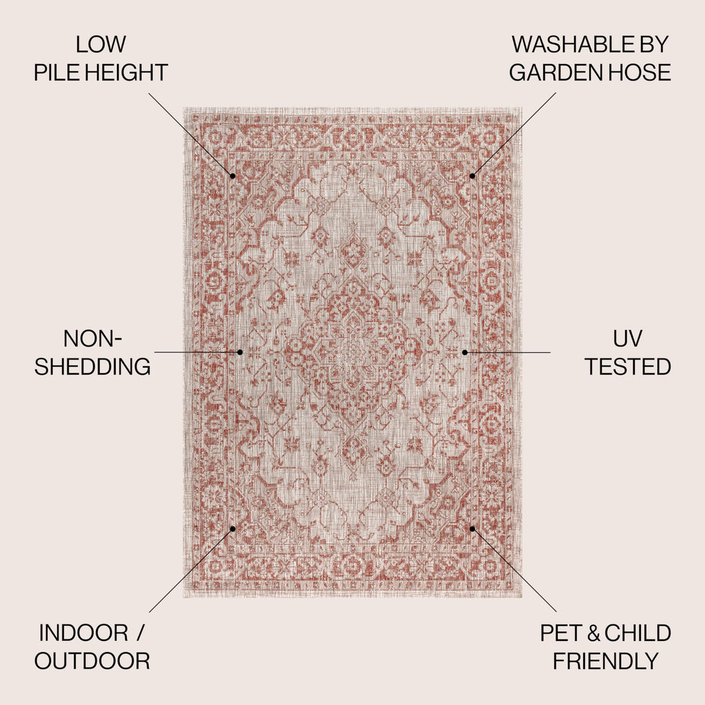 Jonathan Y Smb102A-5R Rozetta Boho Medallion Textured Weave Indoor Outdoor Area Rug Coastal Bohemian Rustic Glam Easy Cleaning Bedroom Kitchen Backyard Patio Non Shedding, 5' Round, Red/Taupe