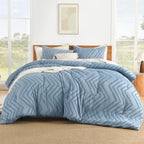 Litanika Queen Size Comforter Sets Grayish Blue, 3 Pieces Lightweight Chevron Tufted Bedding Comforter Set, Fluffy Winter Down A