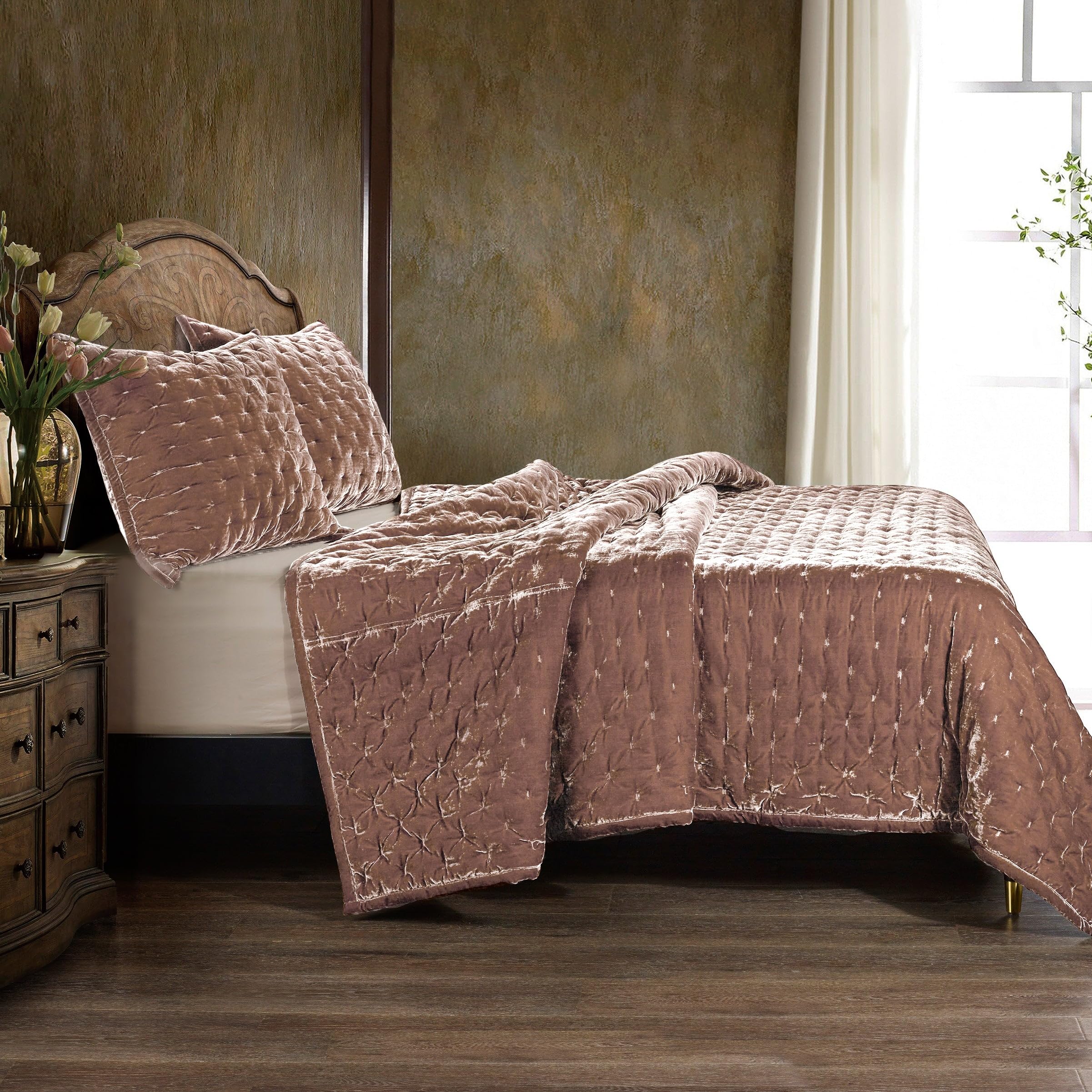 Hiend Accents Stella Faux Silk Velvet Quilt, King Size, Dusty Rose Solid Color, Romantic Modern Western Traditional Style Luxury