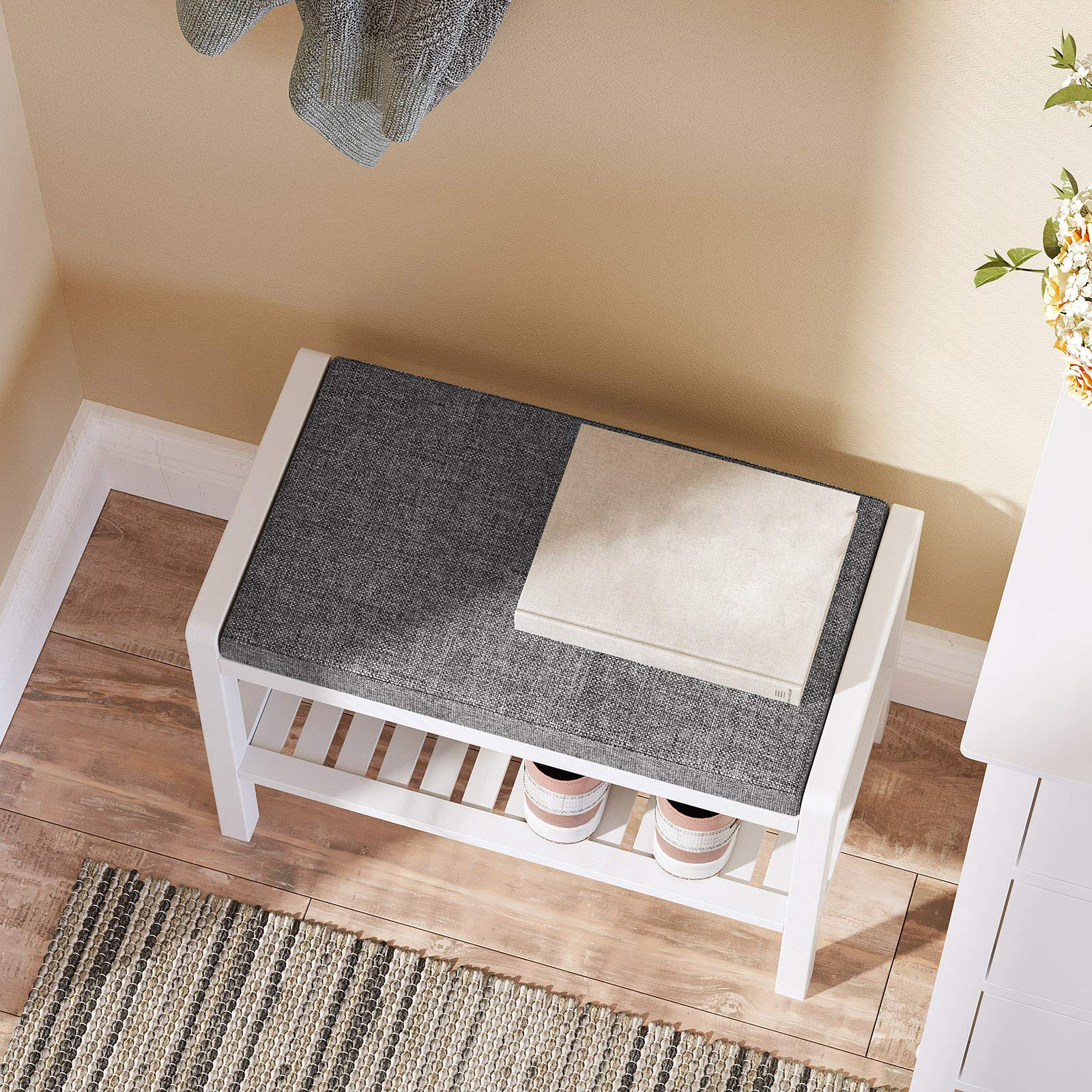 Songmics Shoe Rack Bench With Cushion Upholstered Padded Seat, Storage Shelf, Shoe Organizer, Holds Up To 350 Lb, Ideal For Entryway Bedroom Living Room Hallway Garage Mud Room Gray And White Ulbs65Wn