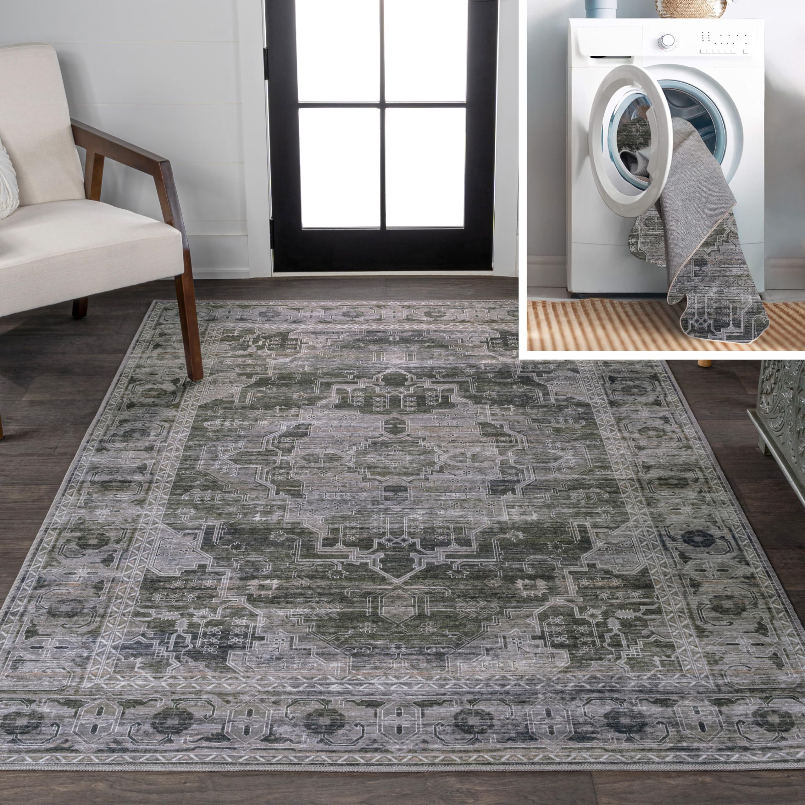 JONATHAN Y WSH100B-8 Alanya Ornate Medallion Machine-Washable Dark Green/Gray 8 ft. x 10 ft. Area Rug, Bohemian, Transitional, T