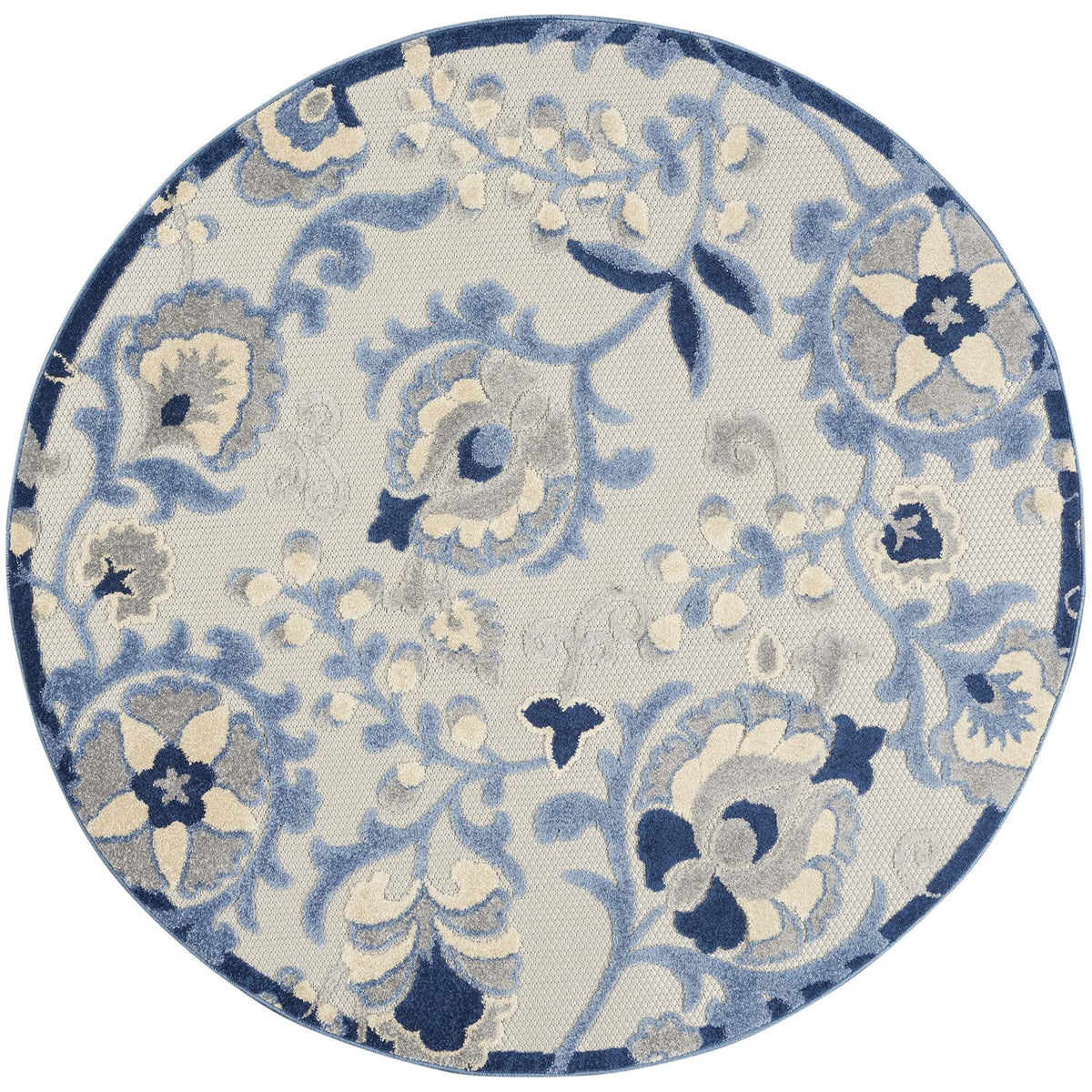 Nourison Aloha Indoor/Outdoor Blue/Grey 5'3' X Round Area Rug, Easy Cleaning, Non Shedding, Bed Room, Living Room, Dining Room,