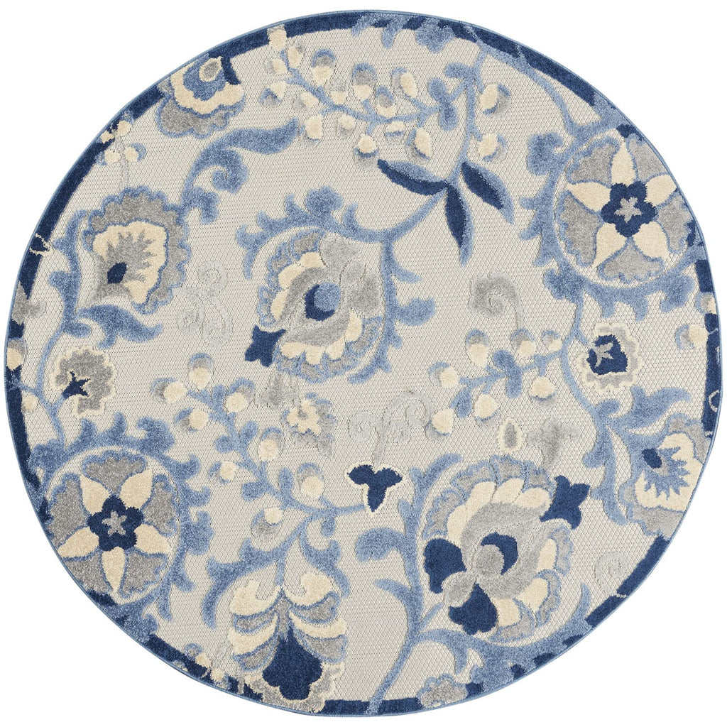 Nourison Aloha Indoor/Outdoor Blue/Grey 4' X Round Area -Rug, Easy -Cleaning, Non Shedding, Bed Room, Living Room, Dining Room, Deck, Backyard, Patio (4 Round)