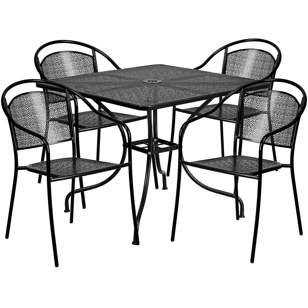 Flash Furniture Oia 5-Piece Commercial Grade Steel Patio Table And Chairs Set, Outdoor Dining Set With Square Table And 4 Round Back Chairs, Black