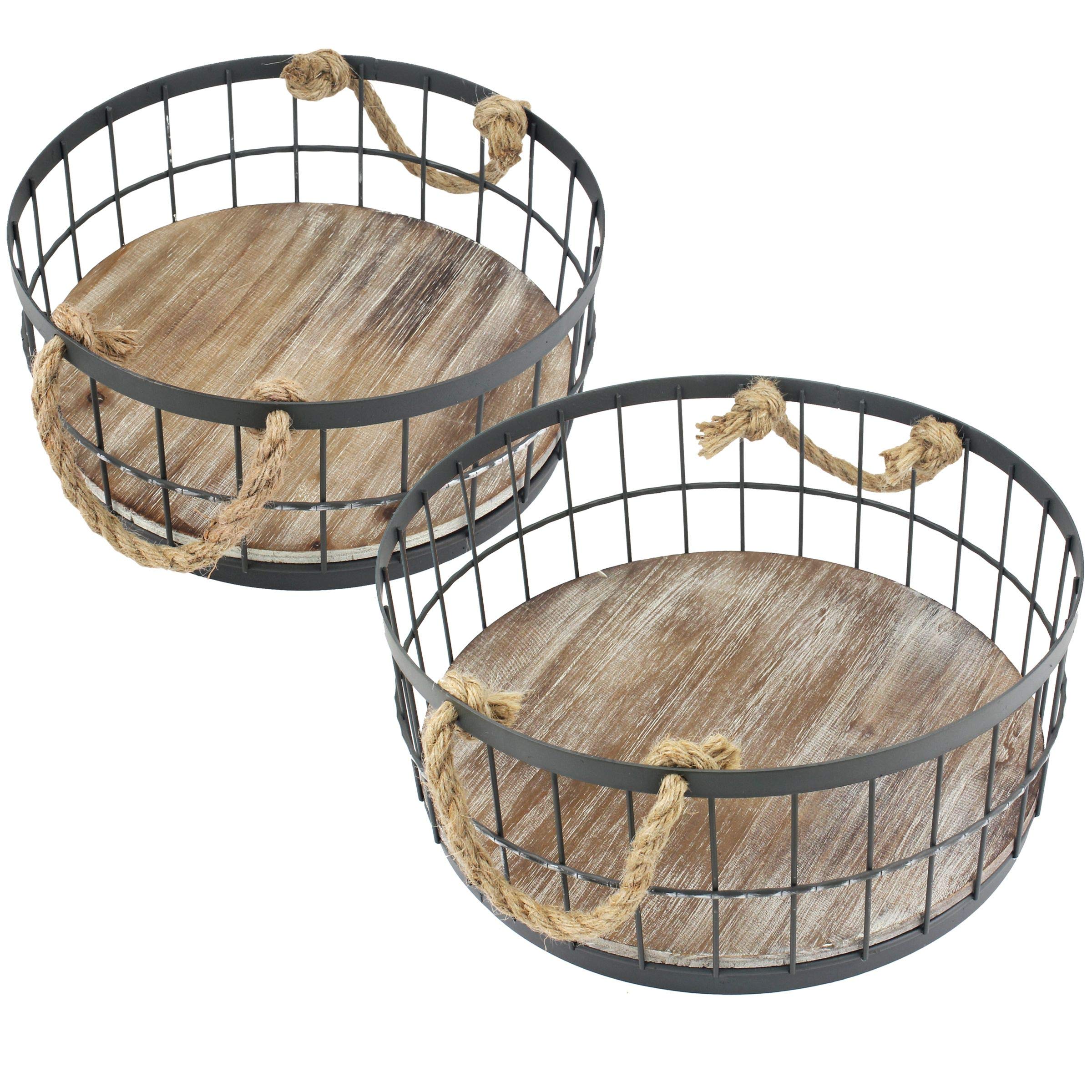 Stonebriar 2Pc Round Stackable Metal Wire And Wood Basket Set With Rope Handles, Rustic Decor For Home Storage, Decorative Servi