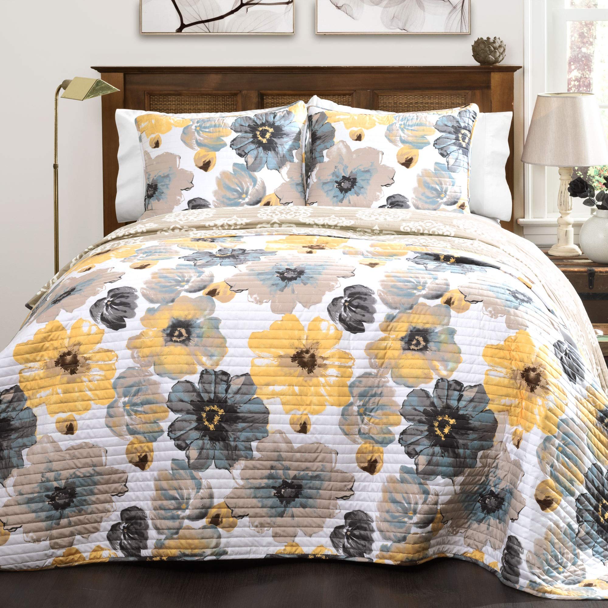 Lush Decor Leah Reversible Floral Quilt Set, 3 Piece Set, Full/ Queen, Yellow & Gray - Charming Floral Bedding Set - Large Bloom