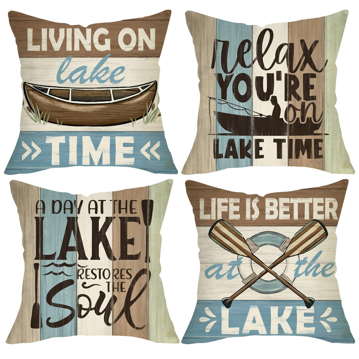 Fjfz Life Is Better At The Lake Decorative Throw Pillow Covers 18 X 18 Set Of 4, Boat Paddle Lakehouse Porch Outdoor Home Decor,