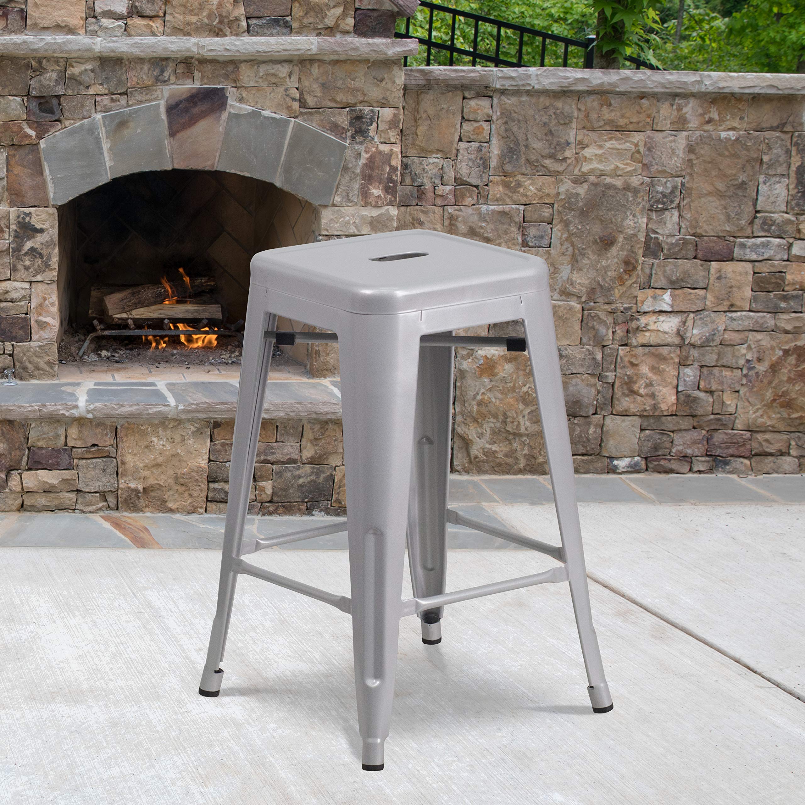 Flash Furniture Kai Commercial Grade 24' High Backless Silver Metal Indoor-Outdoor Counter Height Stool With Square Seat