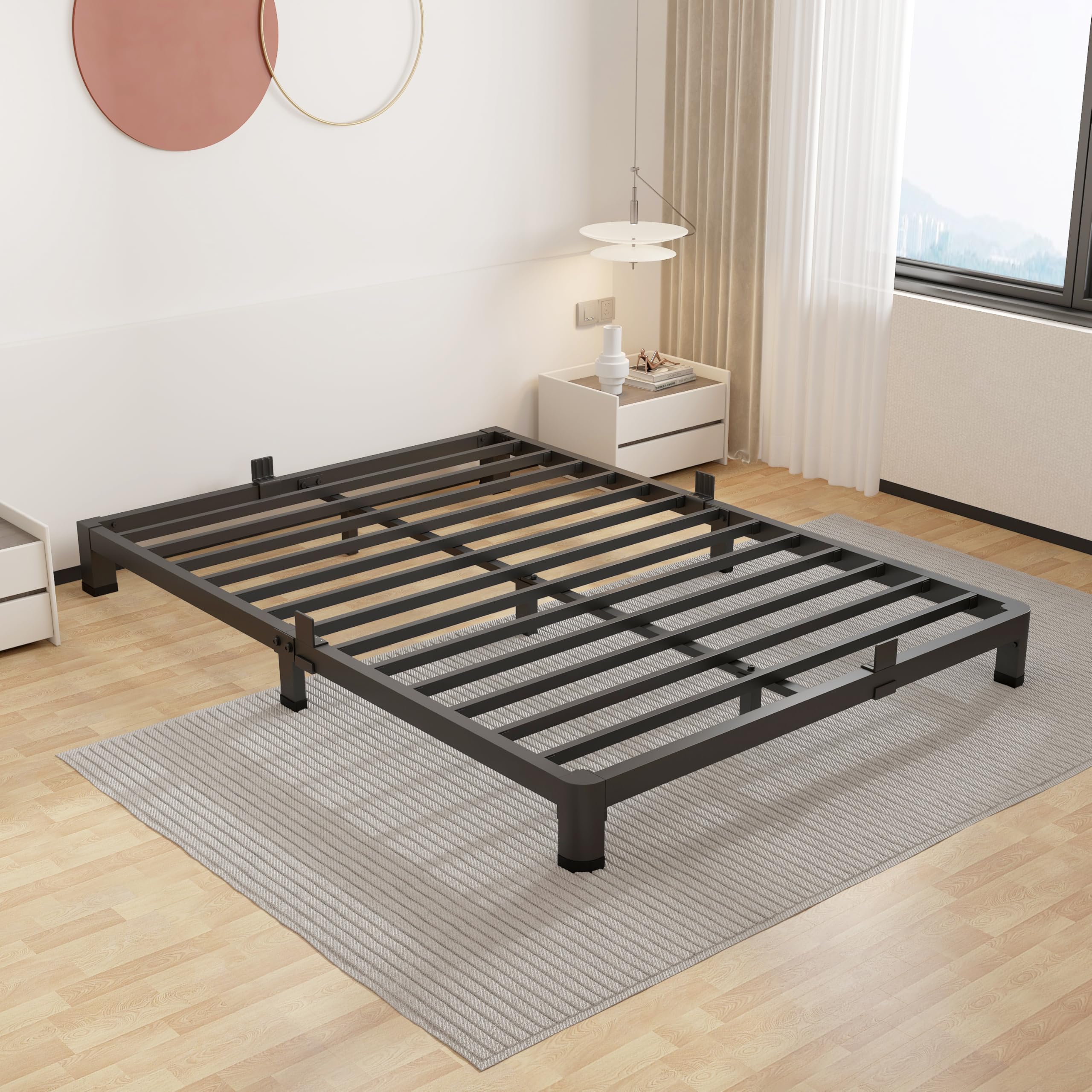 Roil 4 Inch Metal Queen Bed Frame With Rounded Corner Mattress Retainers 3500Lbs Heavy Duty Steel Slats No Box Spring Needed Pla