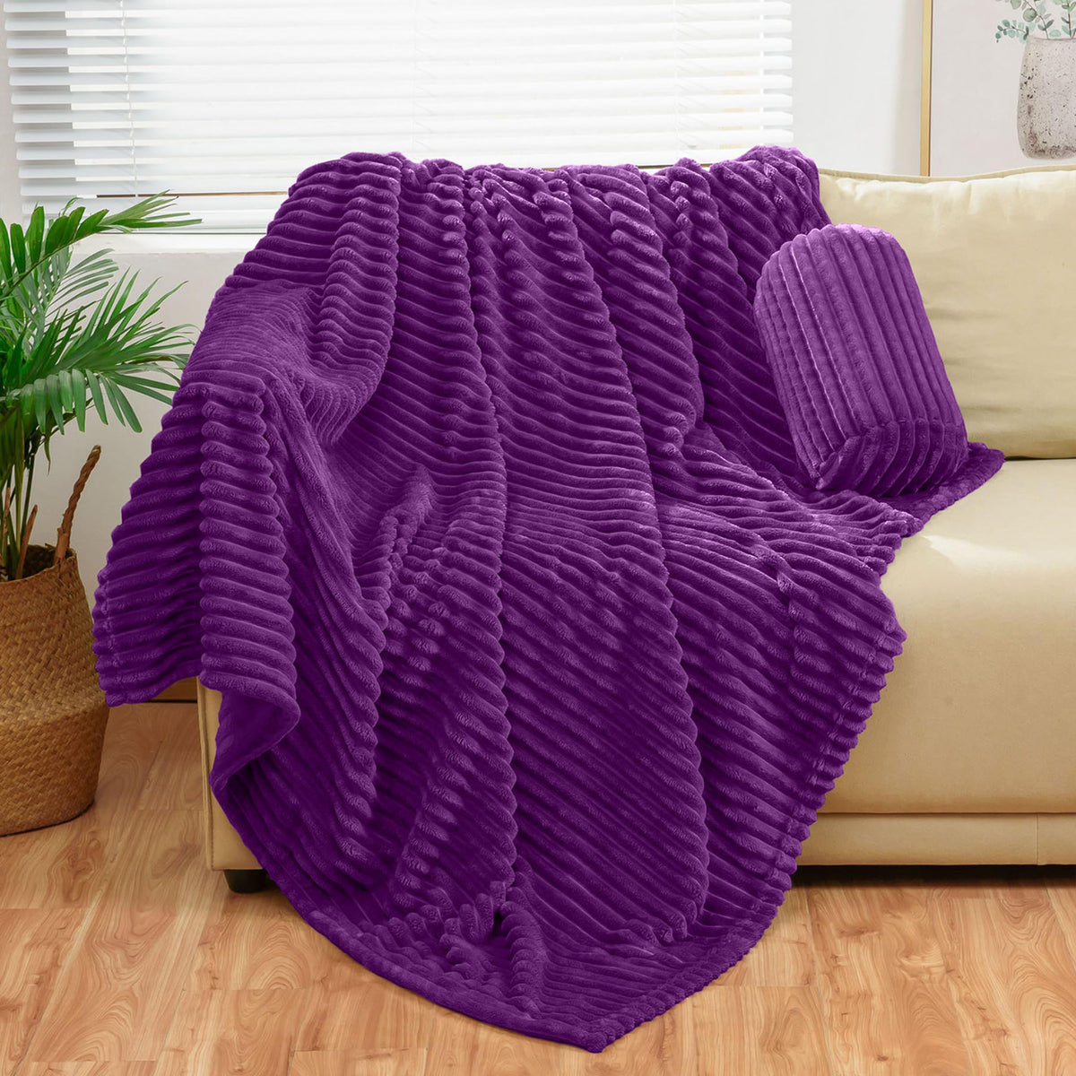 Bnuitland Dark Purple Flannel Throw (50X70 Inches) With Storage Pouch,300Gsm Super Soft Fleece Stripe Pattern Sofa Blanket For A